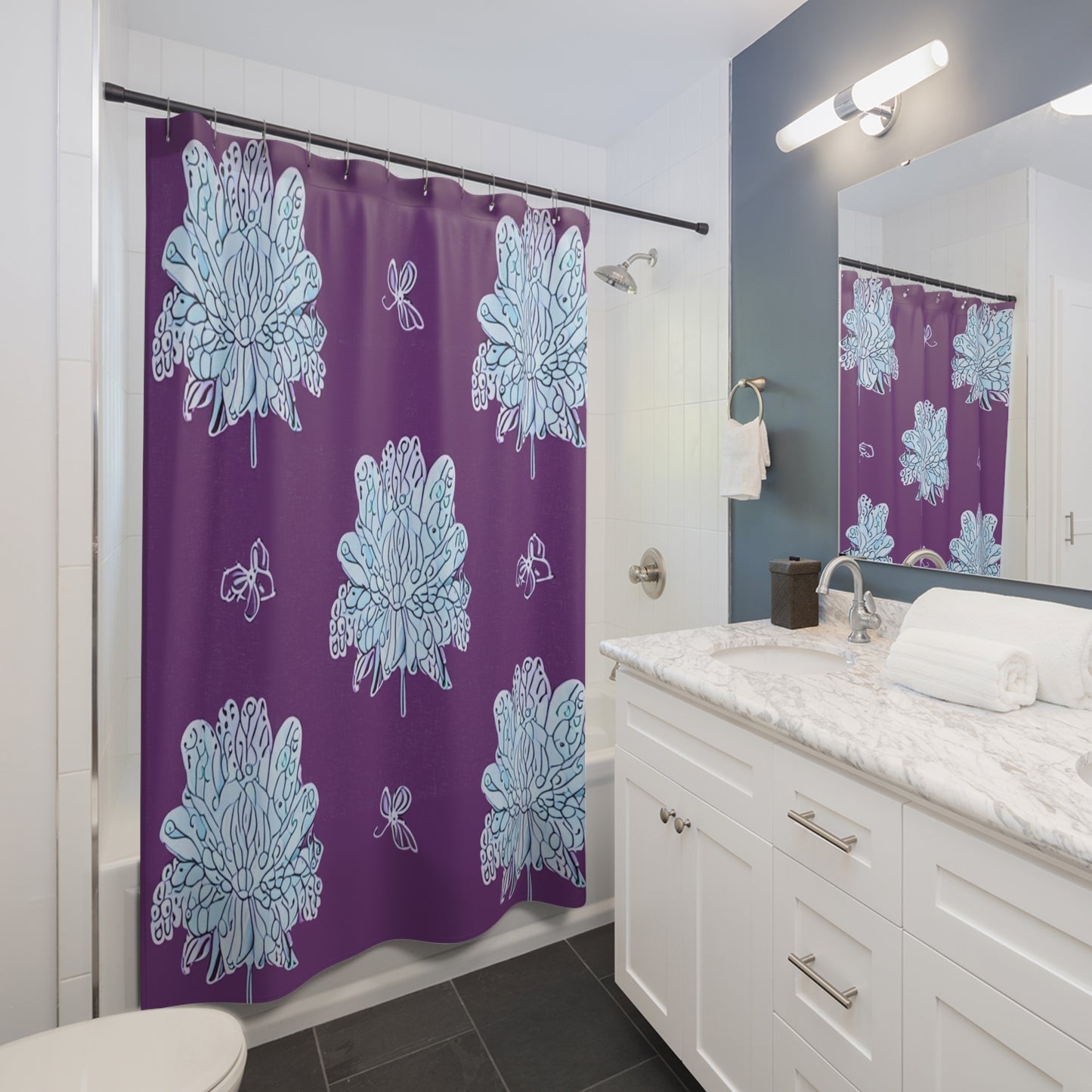 Blue Floral Butterflies Shower Curtain, 71" x 74"