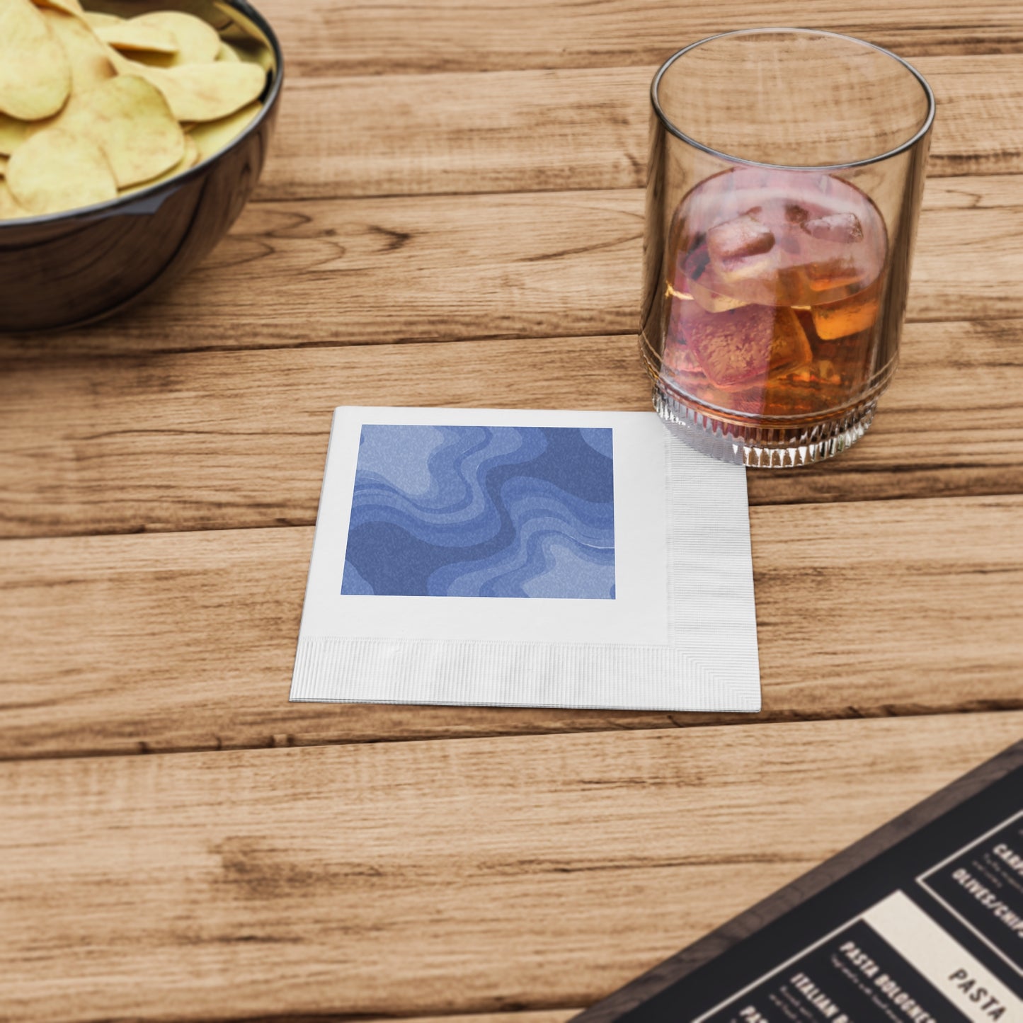 Deep Blue Wavey White Coined Napkins, 4.8" x 4.8"