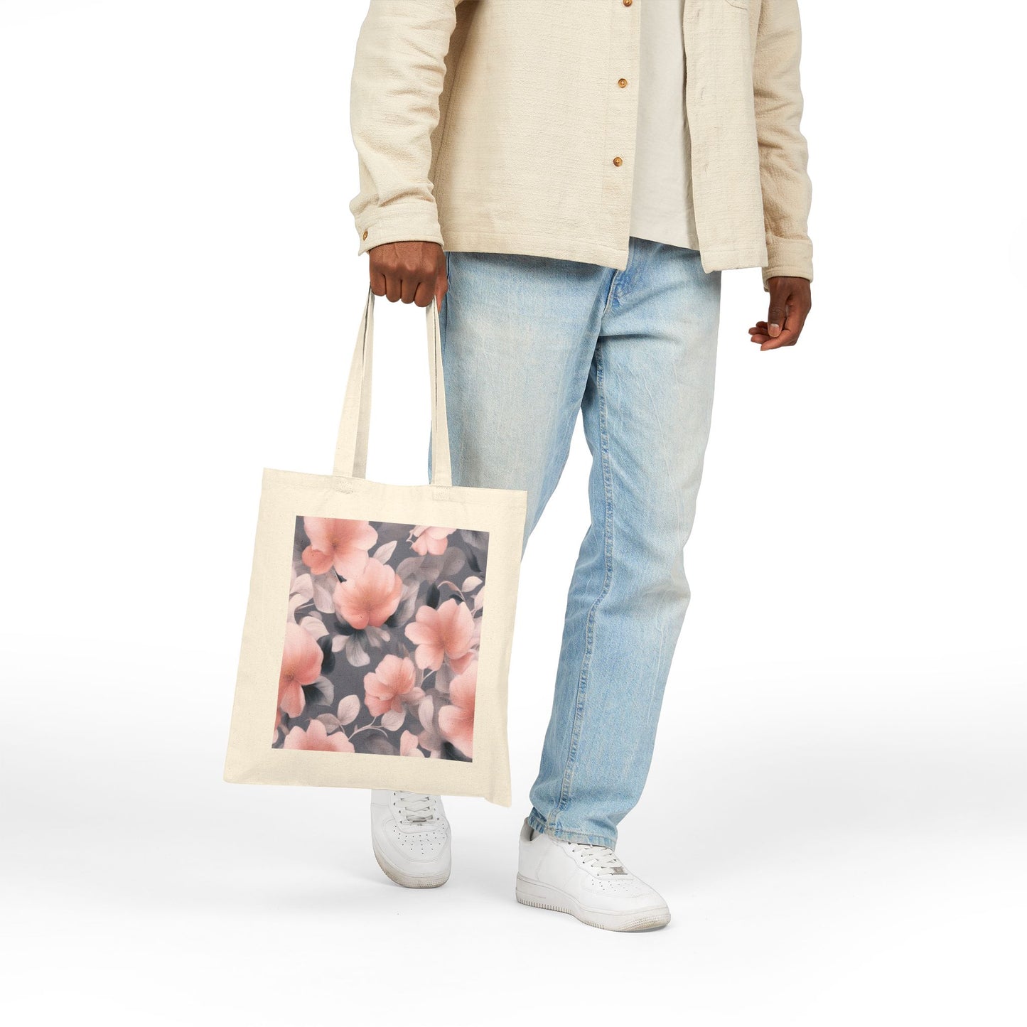 Peach and Blue Gray Floral Bunch Cotton Canvas Tote Bag