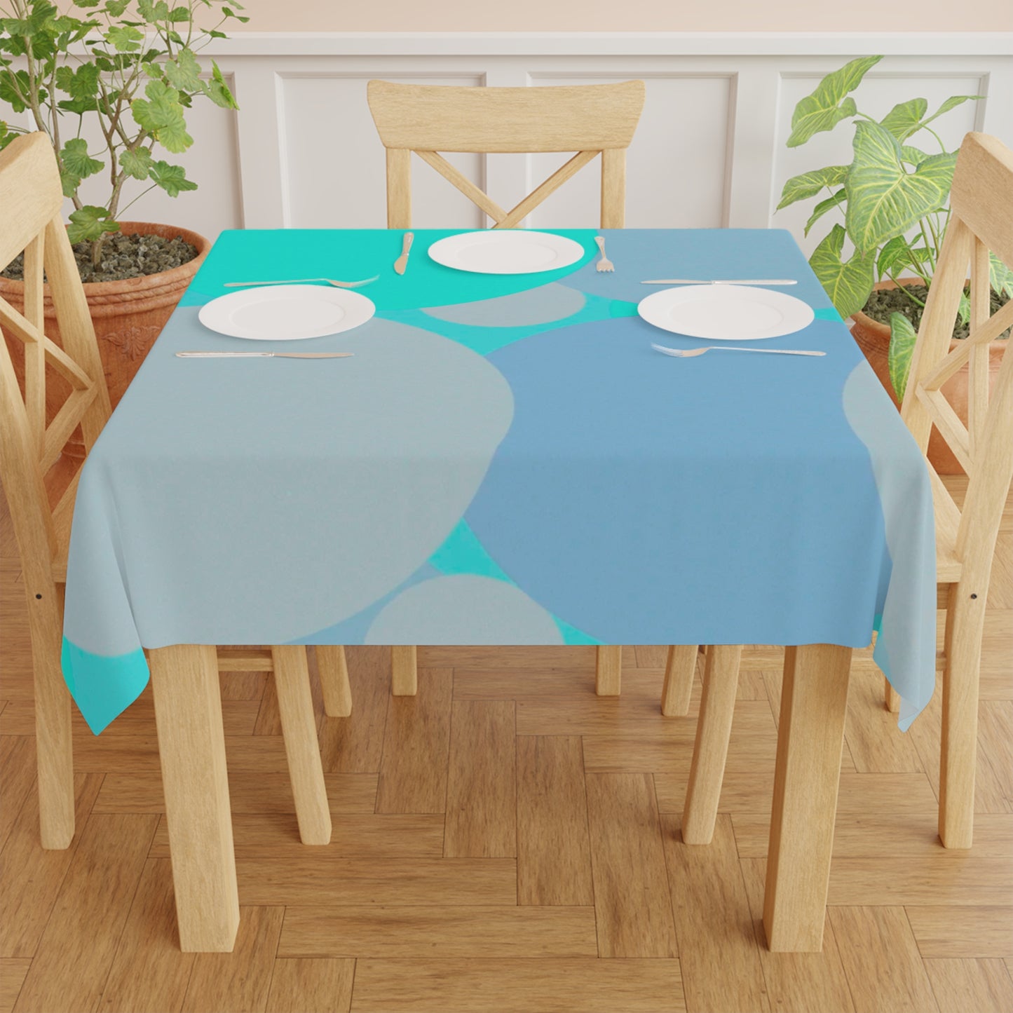 Pastel Tan and Tif Patches Tablecloth, 55" x 55"