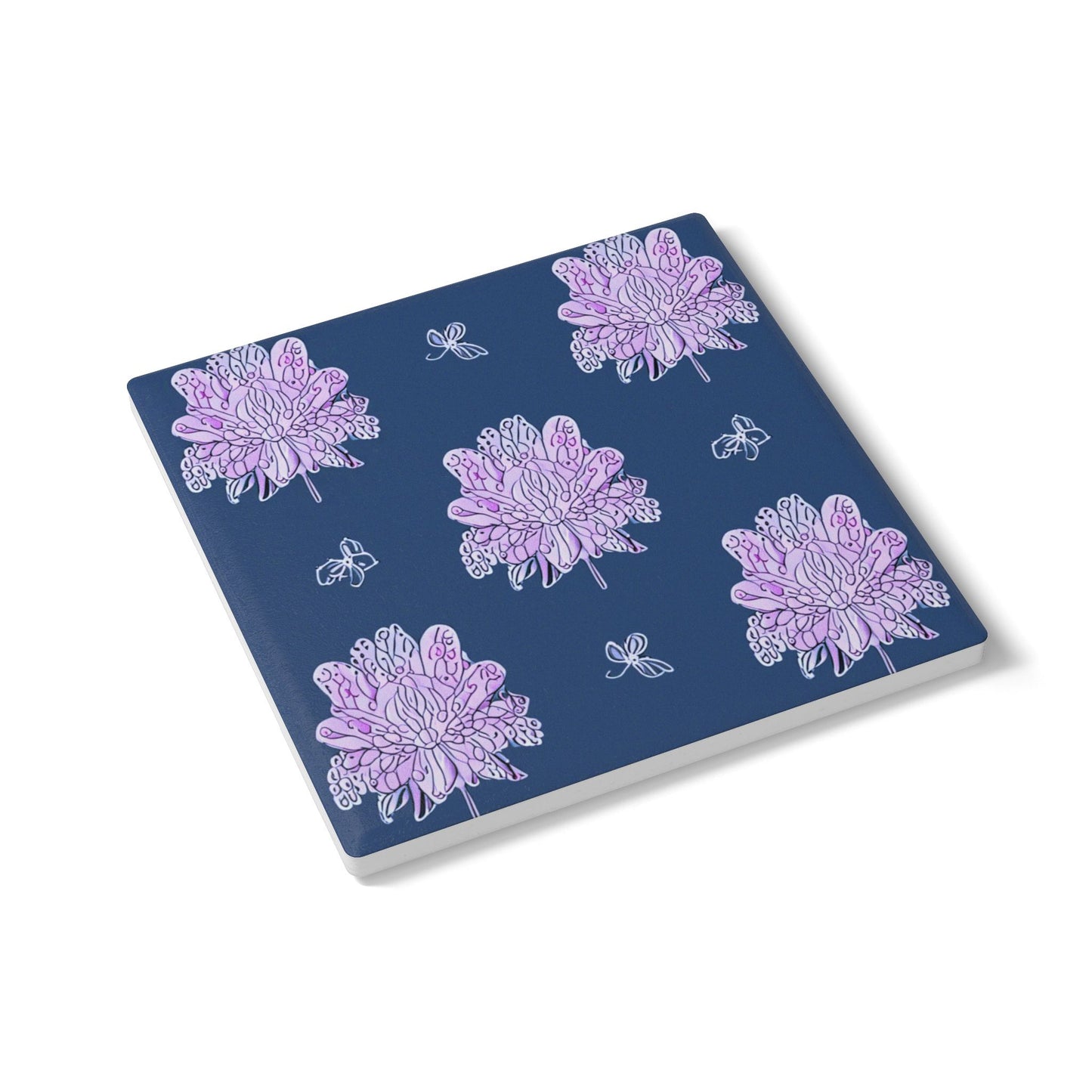 Purple White Floral Butterflies 4" x 4" Square Ceramic Coaster