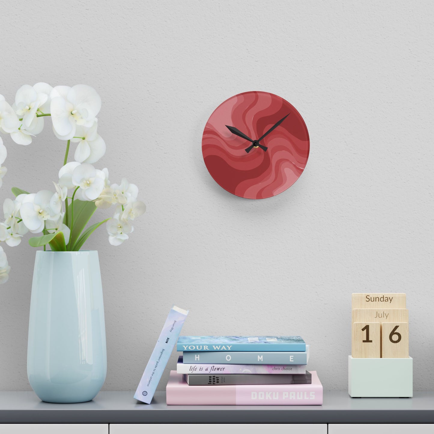 Power Red Wavey 8" x 8" Round Acrylic Wall Clock