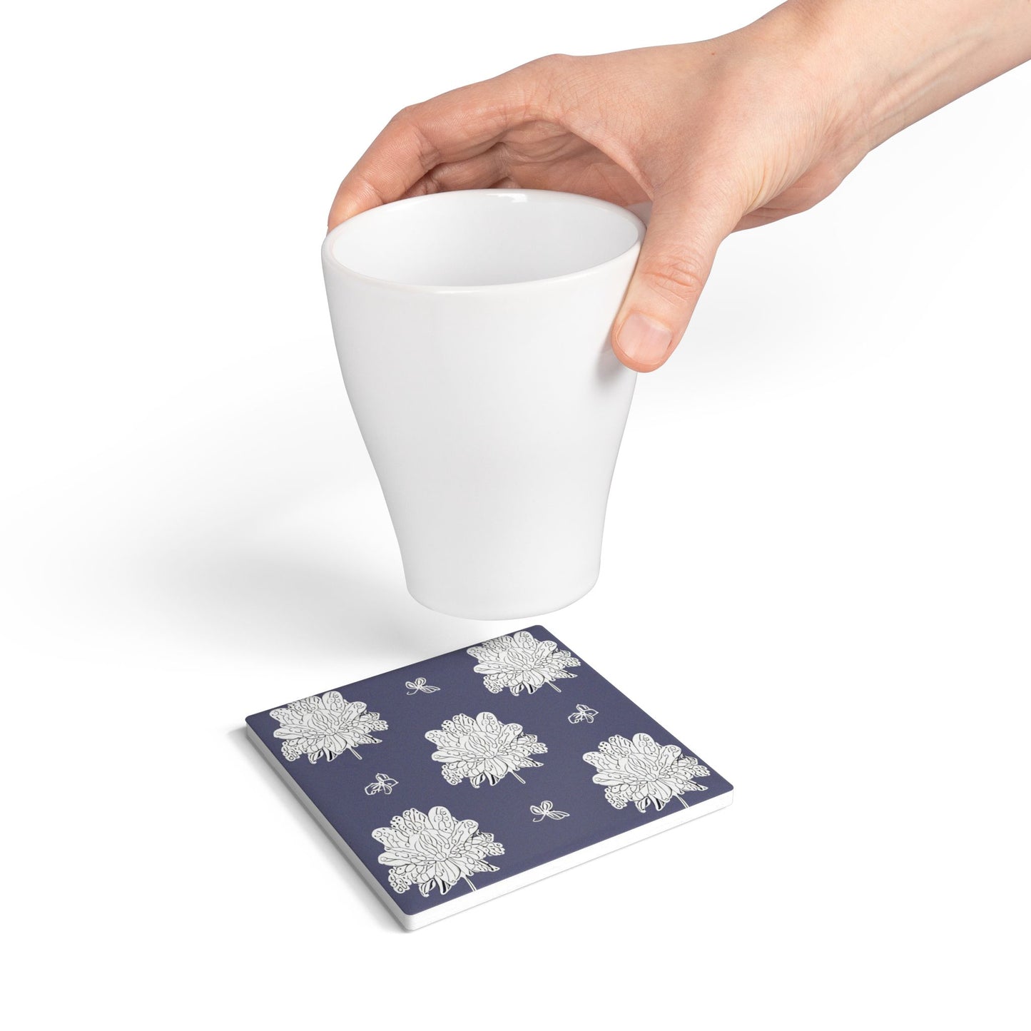 White Floral Butterflies 4" x 4" Square Ceramic Coaster
