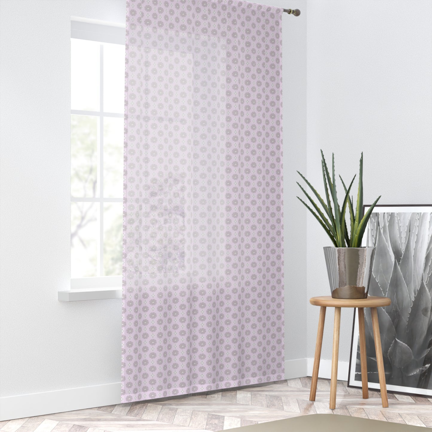 Pink Mornings Star-crossed Bodies Sheer Window Curtain, 50" x 84", partially transparent