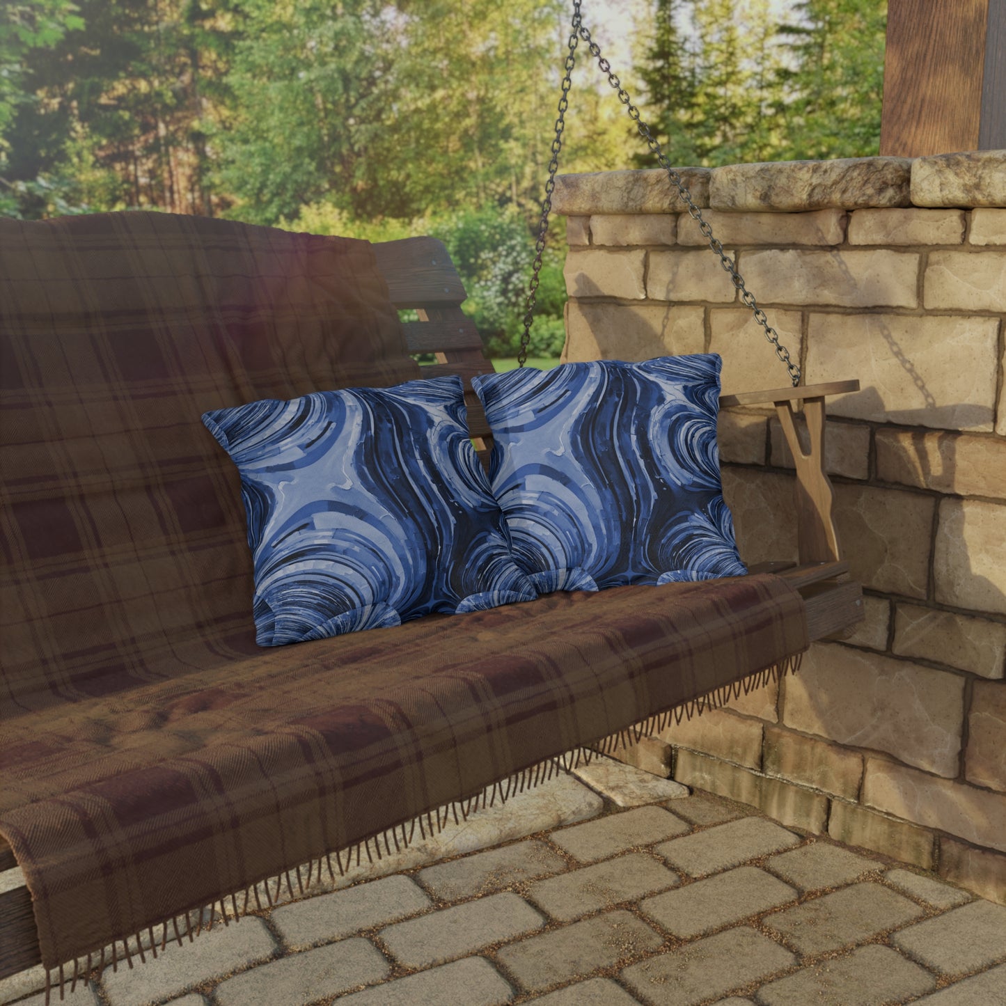 Uzi Spiral Deep Blue Outdoor Pillow, 16" x 16"