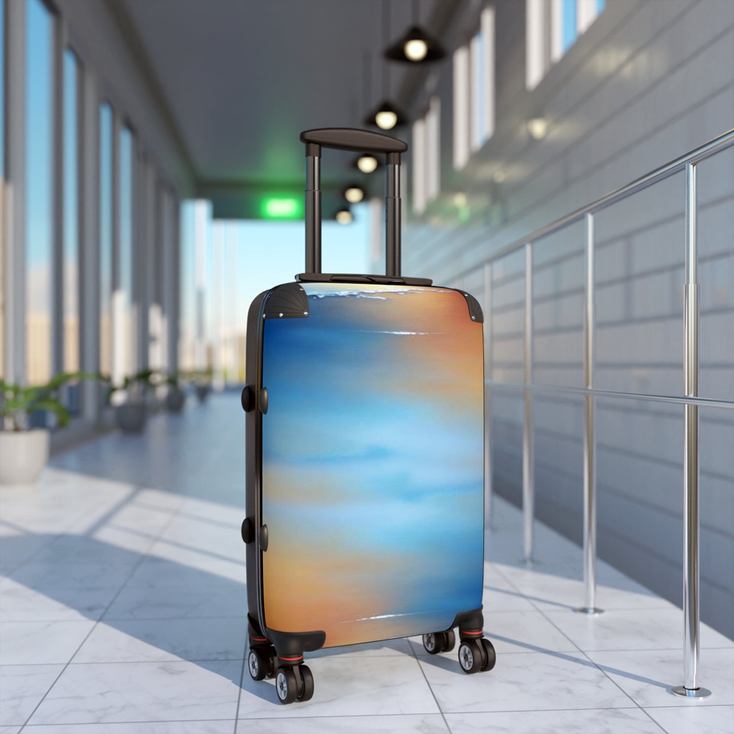 Blue Sea Red Orange Fog Small Suitcase with built in lock, 4 double-wheels, telescopic handle, and ABS back hard-shell
