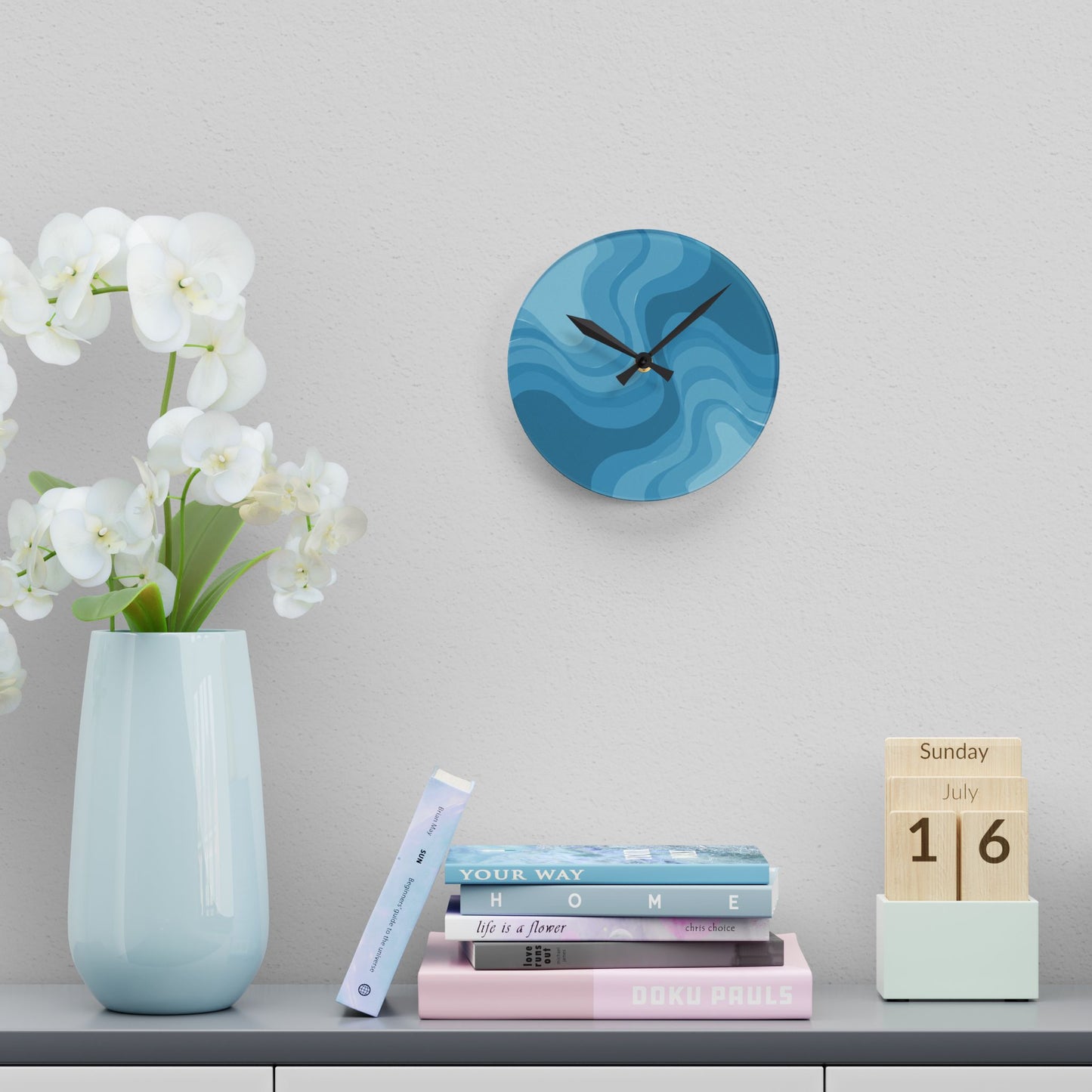 Sky Blue Wavey 8" x 8" Round Acrylic Wall Clock
