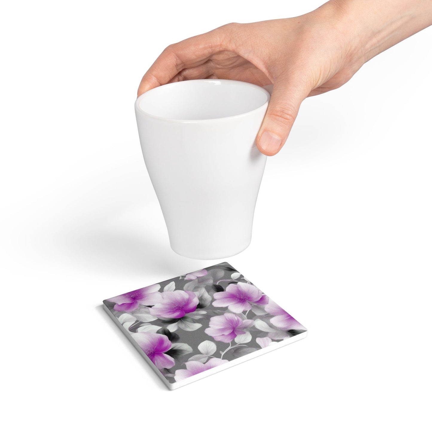 Purple Blossom Floral Bunch Square Ceramic Coaster, 4" x 4"