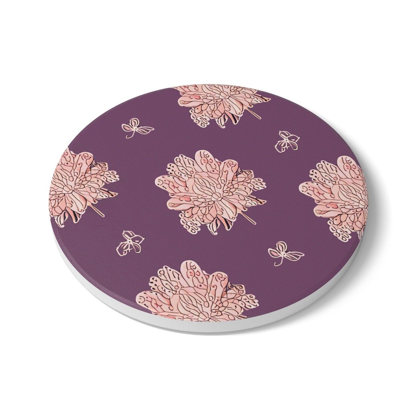 Pink Floral Butterflies 4" x 4" Round Ceramic Coaster
