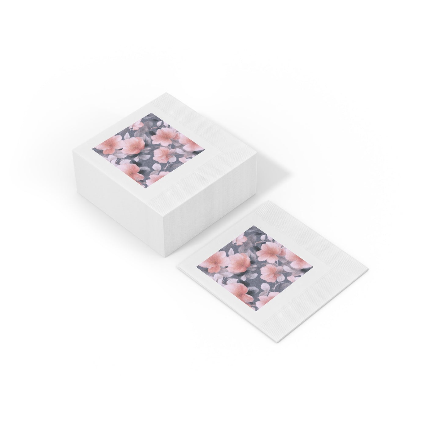 Peach and Blue Gray Floral Bunch White Coined Napkins, 4.8" x 4.8"