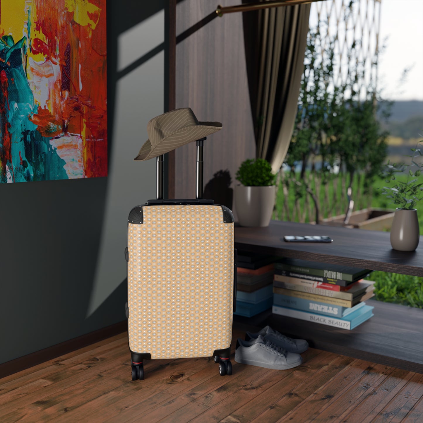 Tan Sunset Star-crossed Bodies Small Suitcase with built in lock, 4 double-wheels, telescopic handle, and ABS back hard-shell