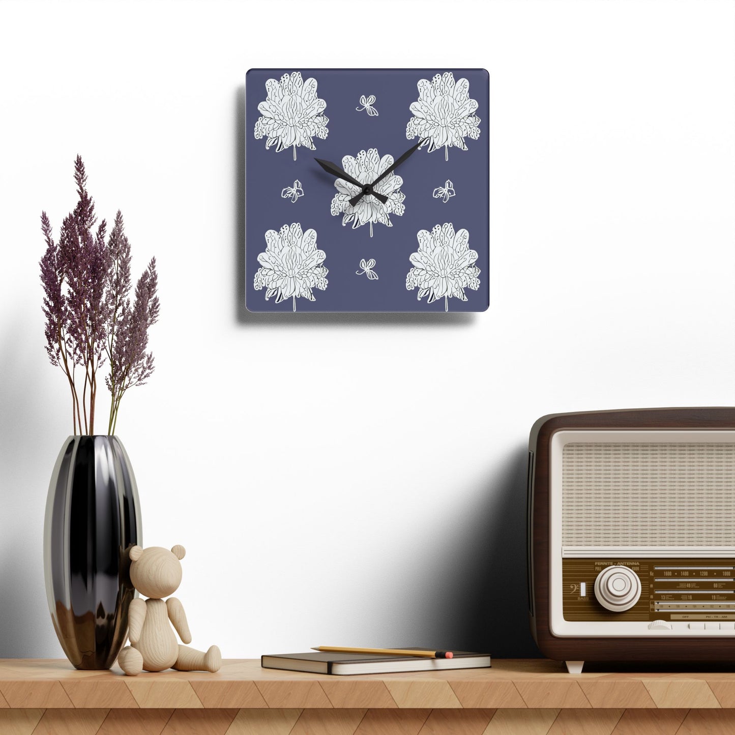 White Floral Butterflies Acrylic Wall Clock, Round or Square, 10.75" x 10.75"
