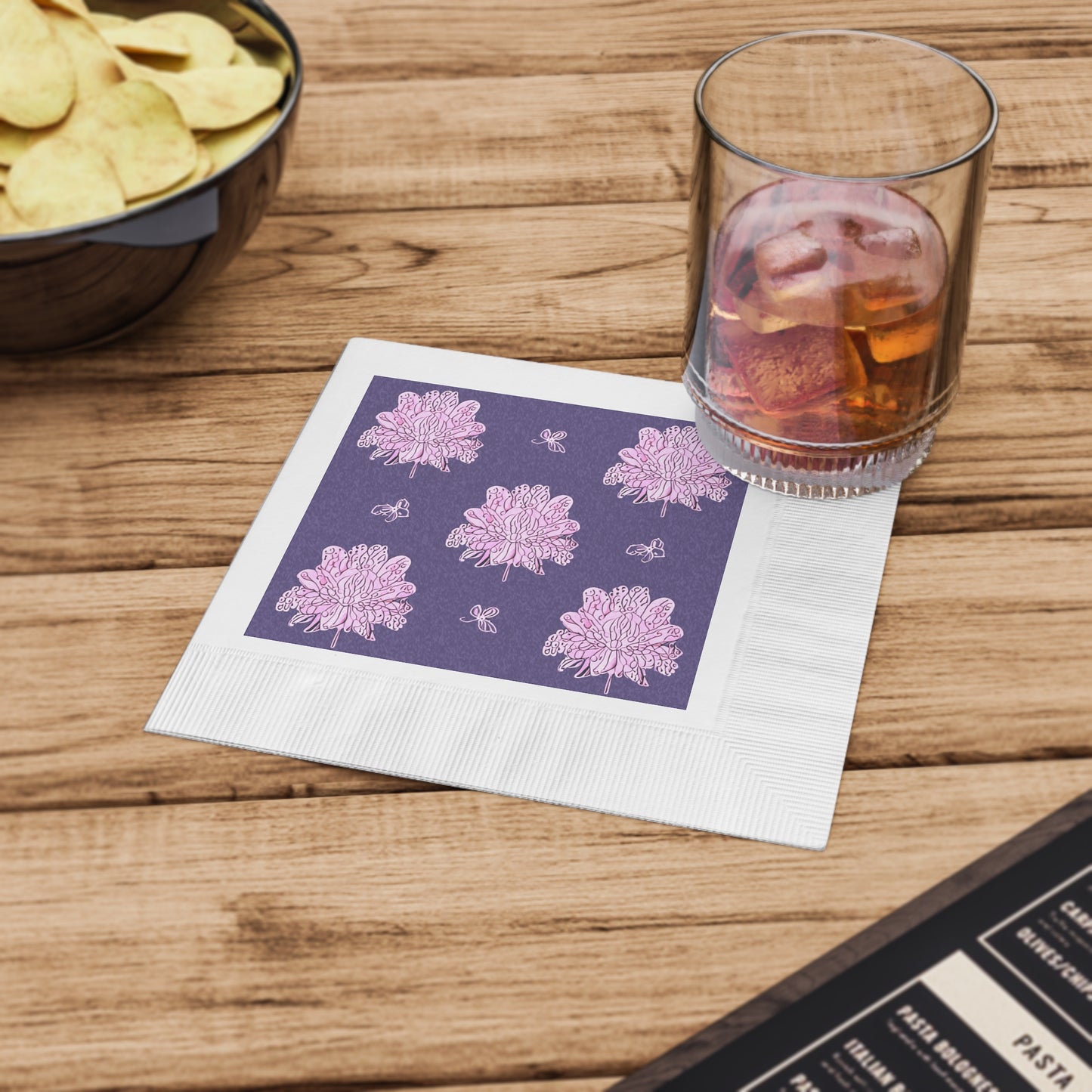 Magenta Floral Butterflies White Coined Napkins, 6.5" x 6.5"
