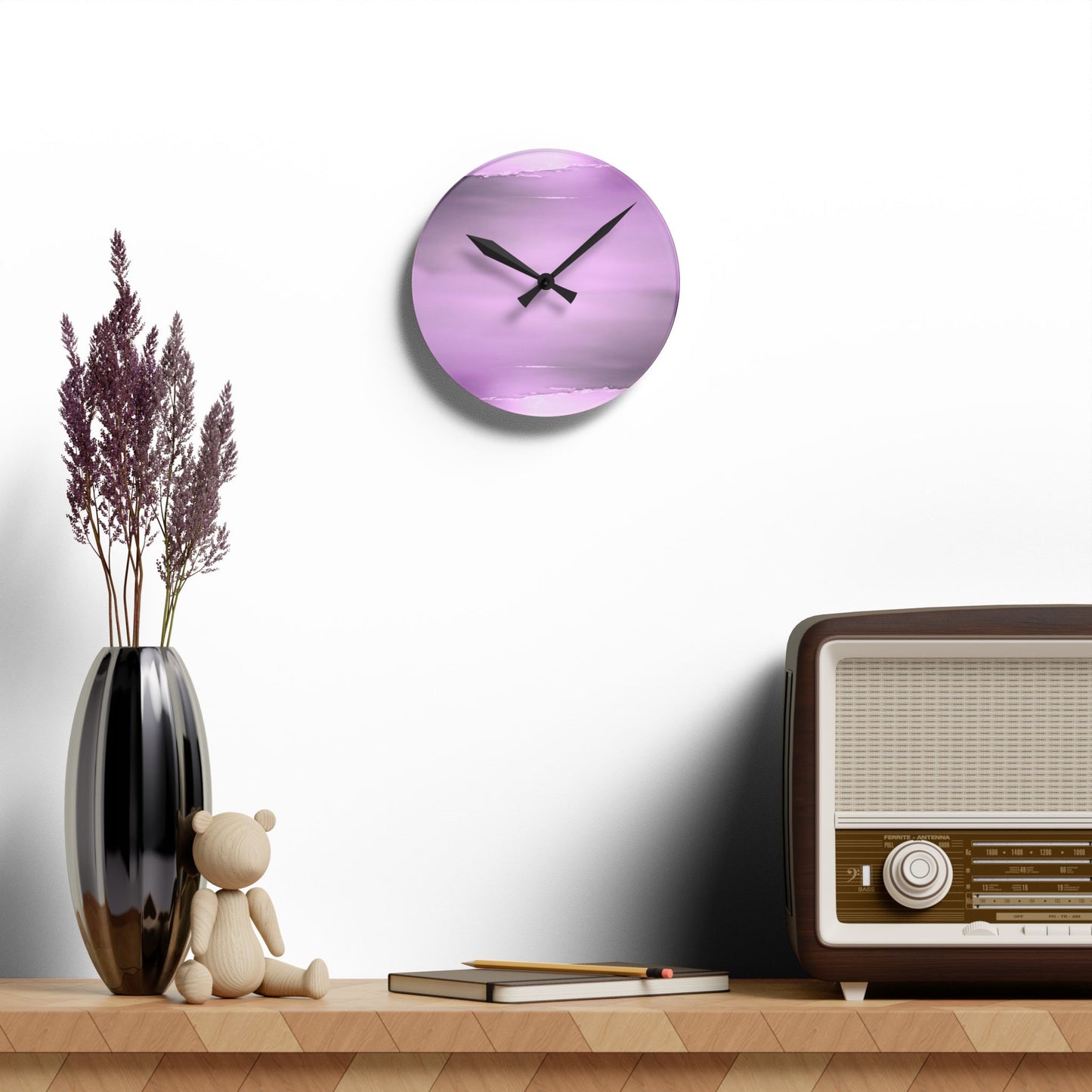 Dark Pink Sea Amethyst Fog Acrylic Round Wall Clock, 8" x 8"