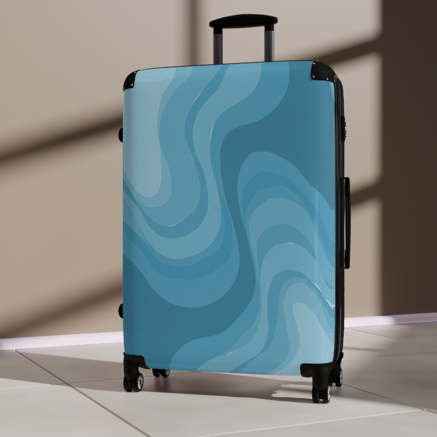 Sky Blue Wavey Large Suitcase with built in lock, 4 double-wheels, telescopic handle, and ABS back hard-shell