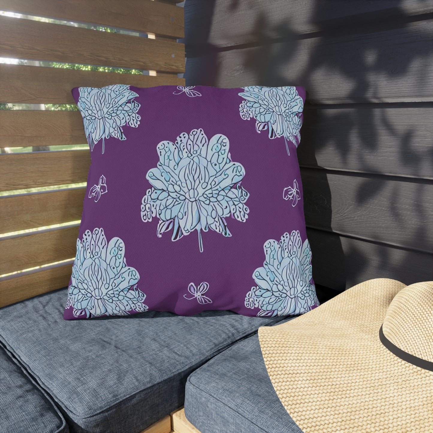 Blue Floral Butterflies 20" x 20" Outdoor Pillow