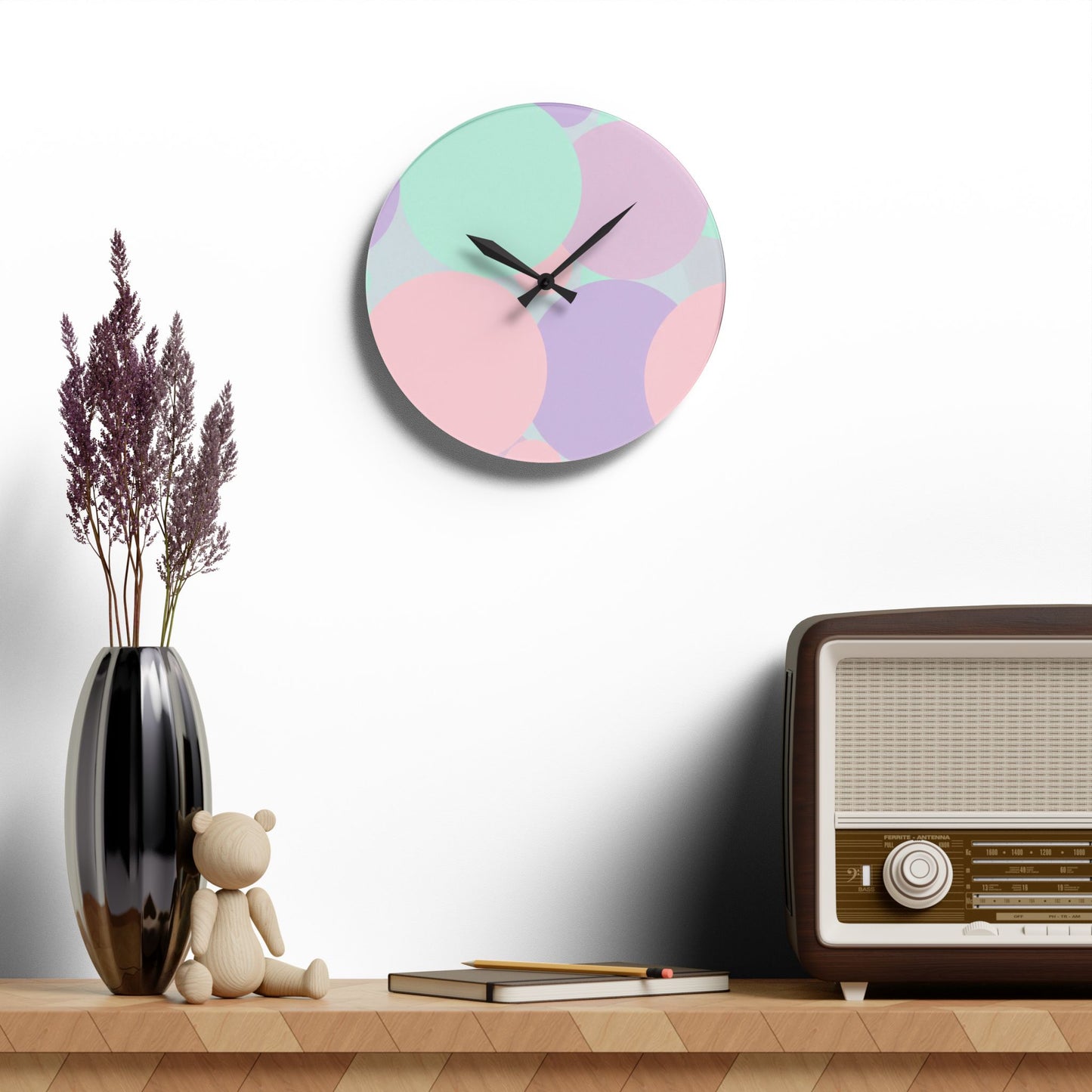 Pastel Peach and Soft Green Patches Acrylic Wall Clock, Round or Square, 10.75" x 10.75"