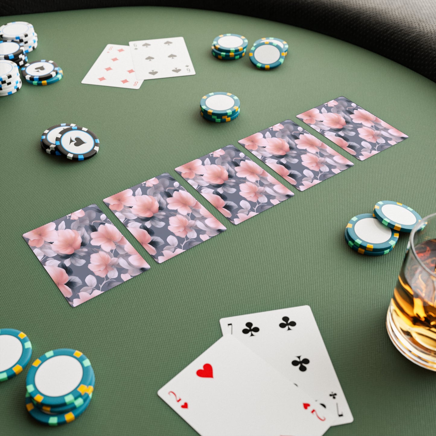 Peach and Blue Gray Floral Bunch Poker Cards