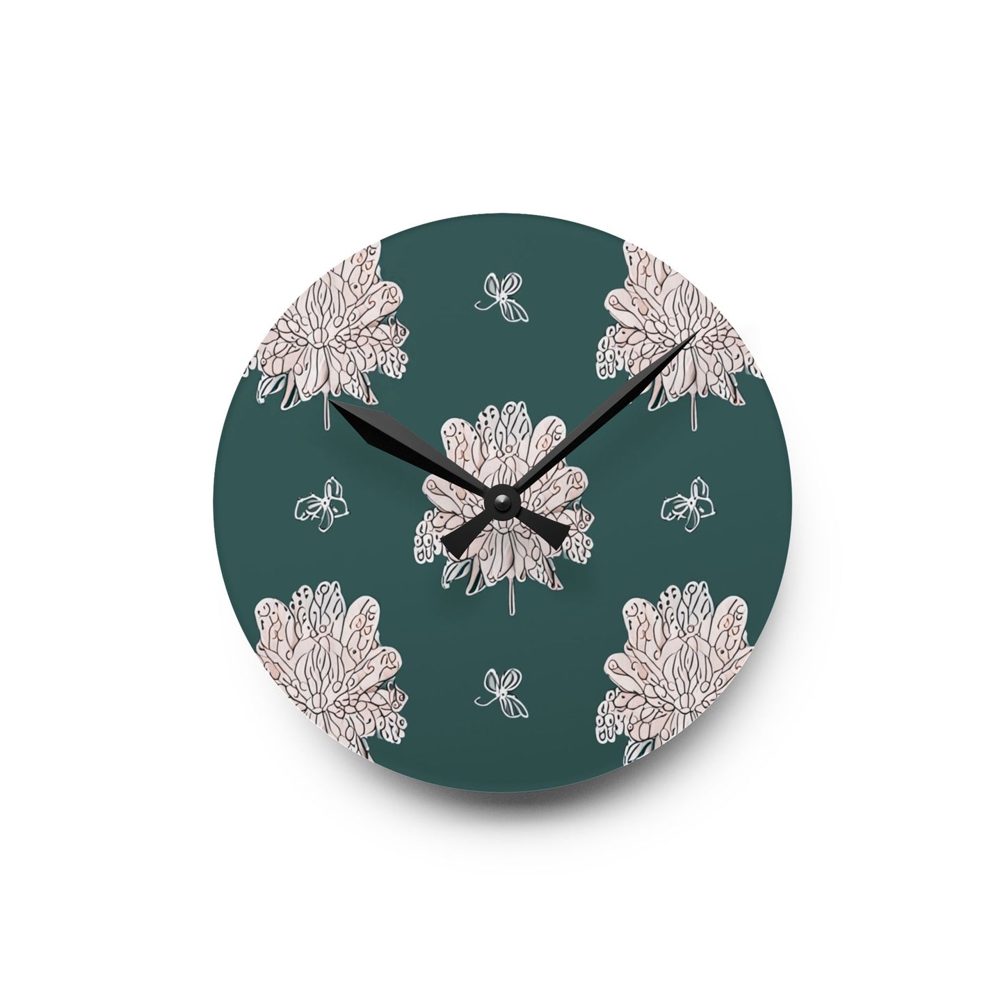 Soft White Floral Butterflies Acrylic Round Wall Clock, 8" x 8"
