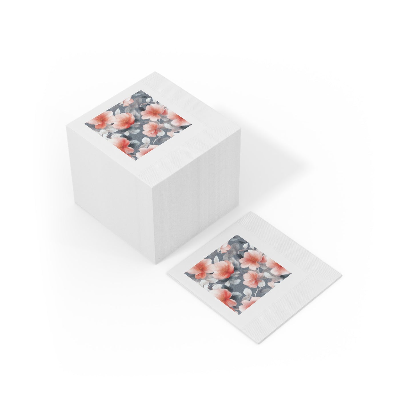 Red Blossom Floral Bunch White Coined Napkins, 4.8" x 4.8"