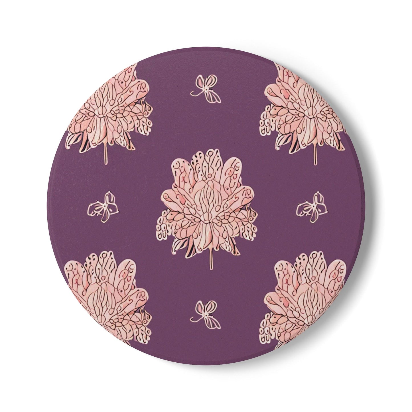 Pink Floral Butterflies 4" x 4" Round Ceramic Coaster