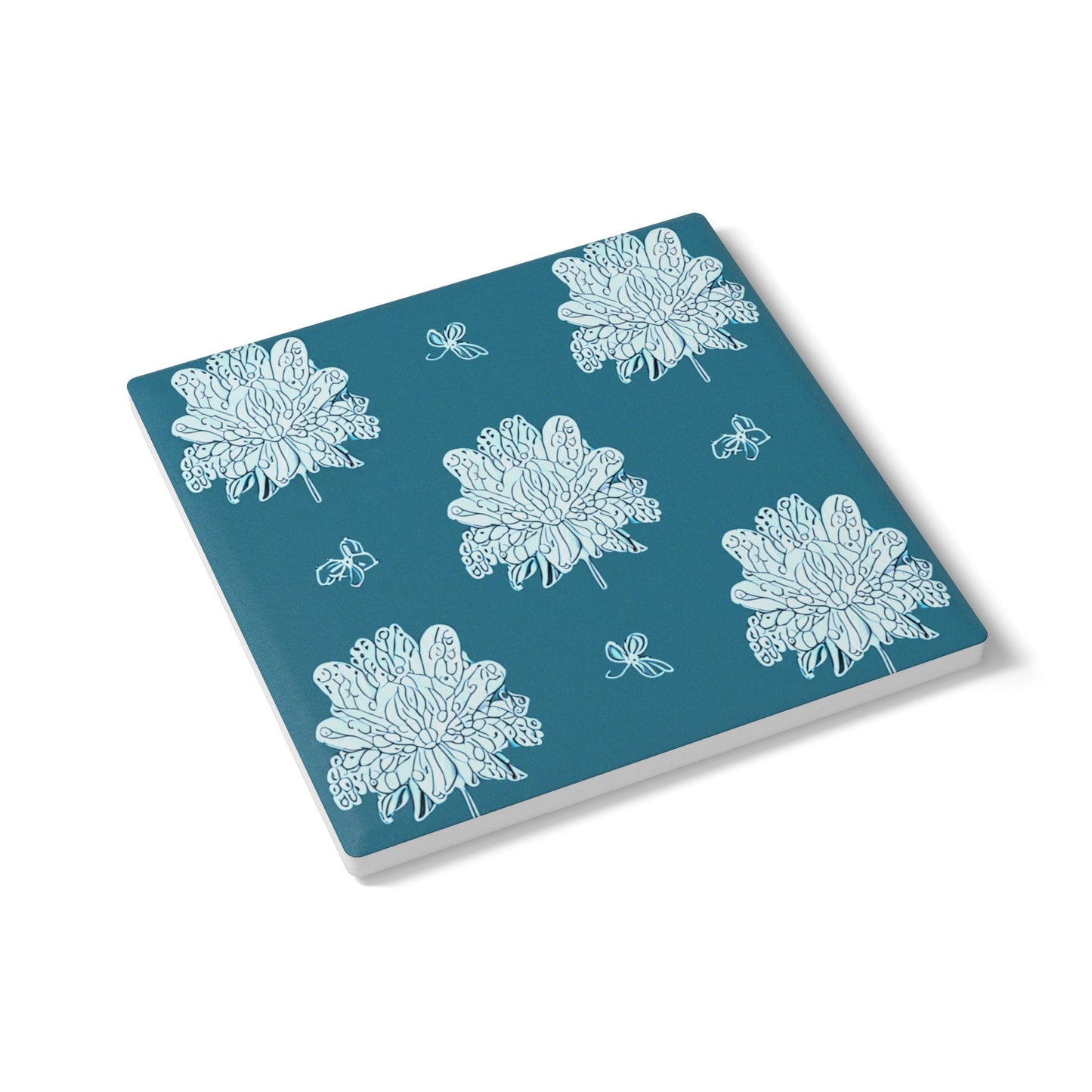 Tif Green White Floral Butterflies 4" x 4" Square Ceramic Coaster