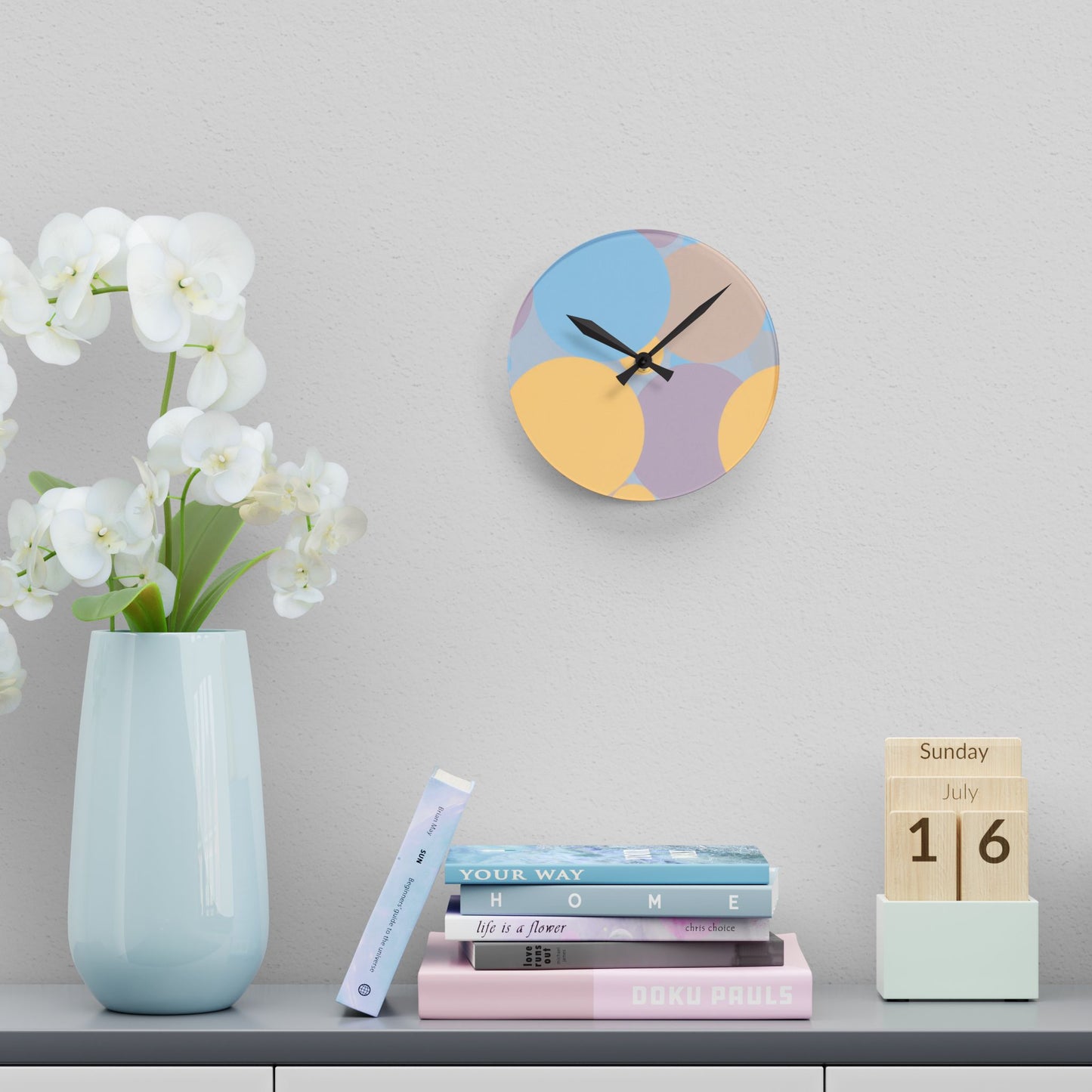 Pastel Baby Blue and Peach Patches Acrylic Round Wall Clock, 8" x 8"
