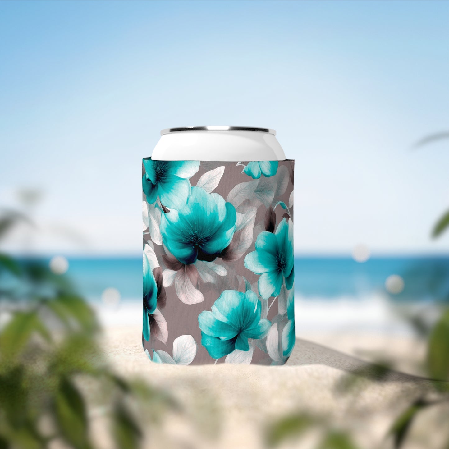 Tif Green Gray Floral Bunch 12 oz Can Cooler Sleeve