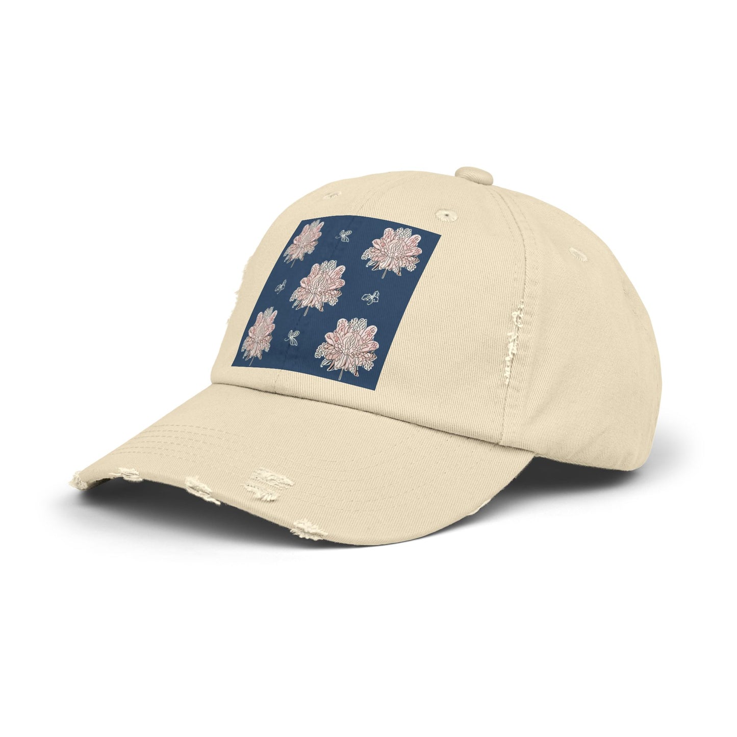 Rose White Floral Butterflies Unisex Distressed Cap