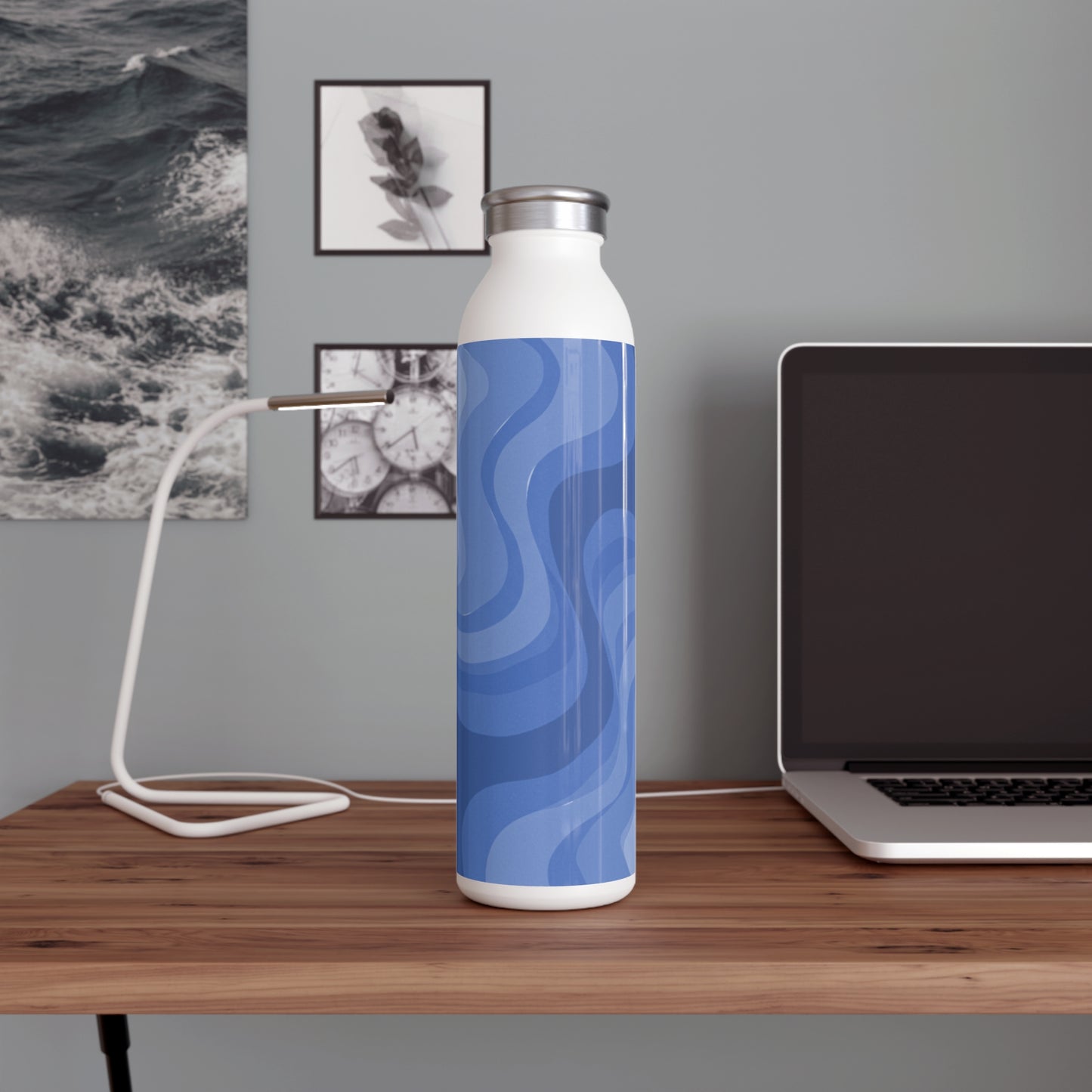 Deep Blue Wavey Slim Water Bottle, 20 oz White