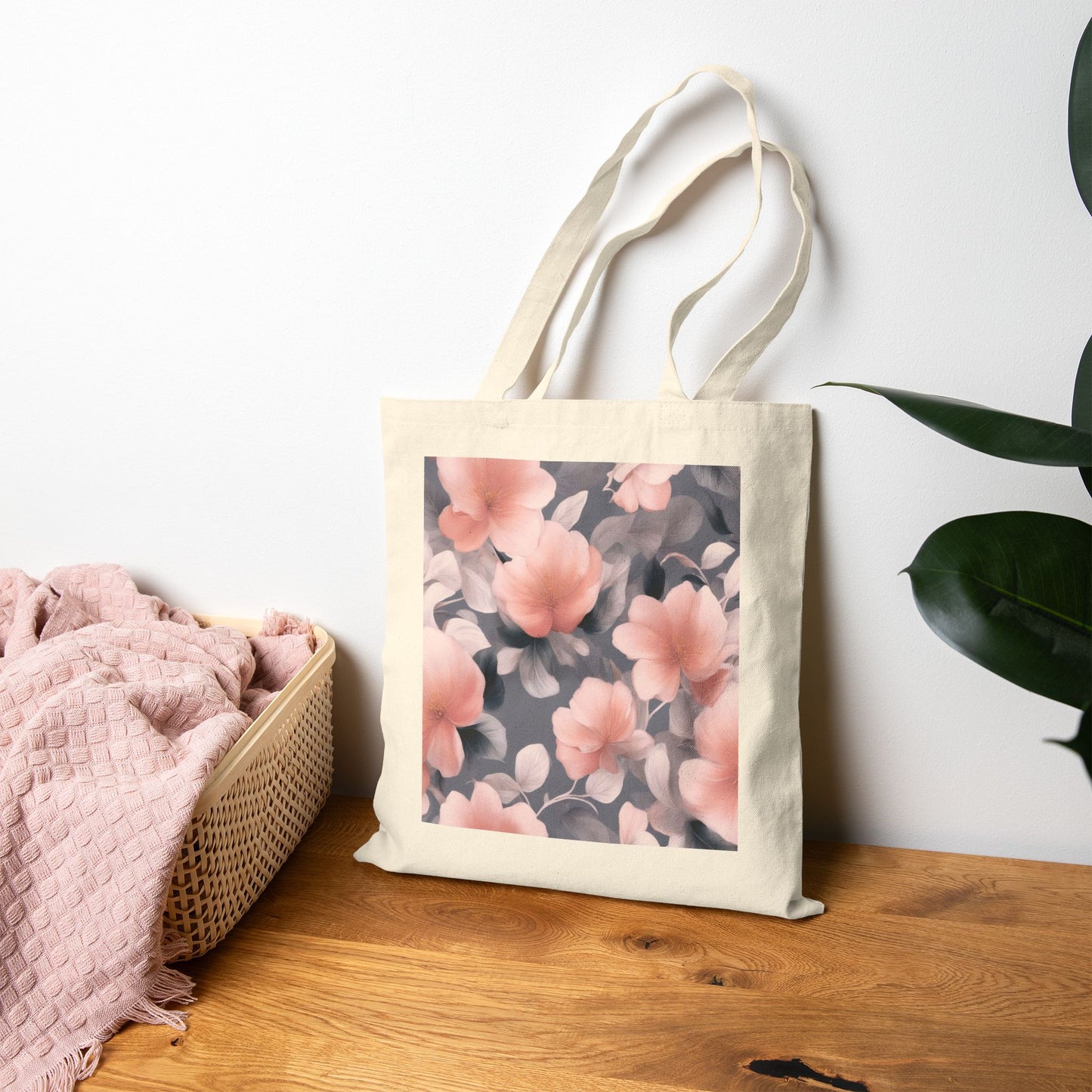 Peach and Blue Gray Floral Bunch Cotton Canvas Tote Bag