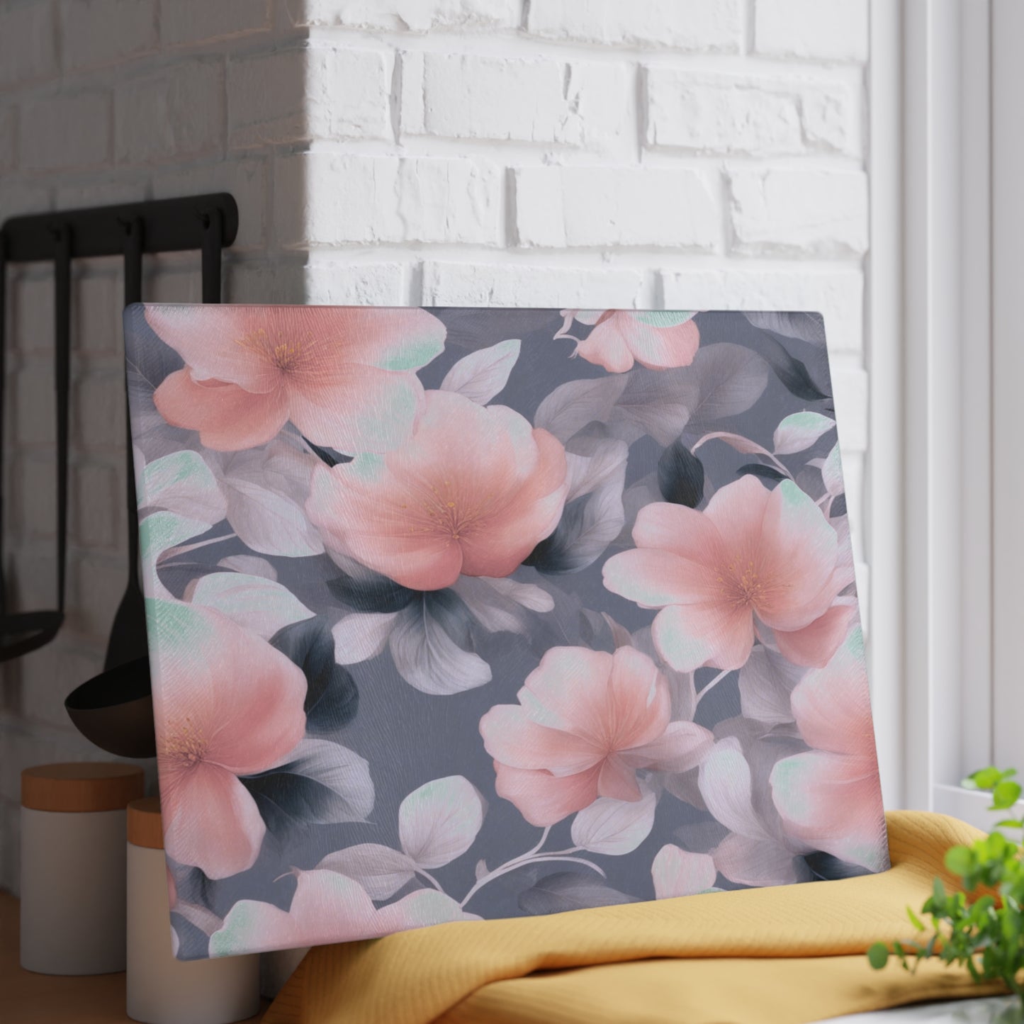 Peach and Blue Gray Floral Bunch Glass Cutting Board, 11" x 15"