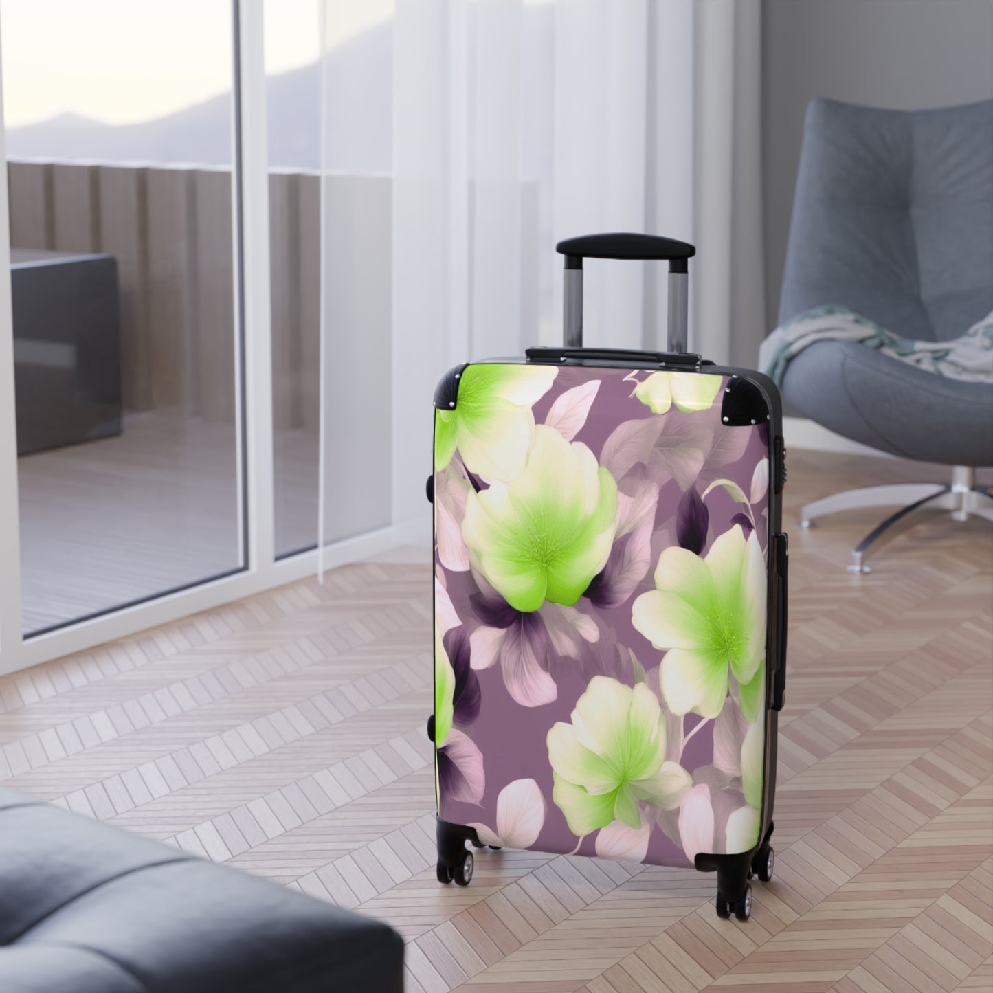 Lime Lavender Floral Bunch Medium Suitcase with built in lock, 4 double-wheels, telescopic handle, and ABS back hard-shell