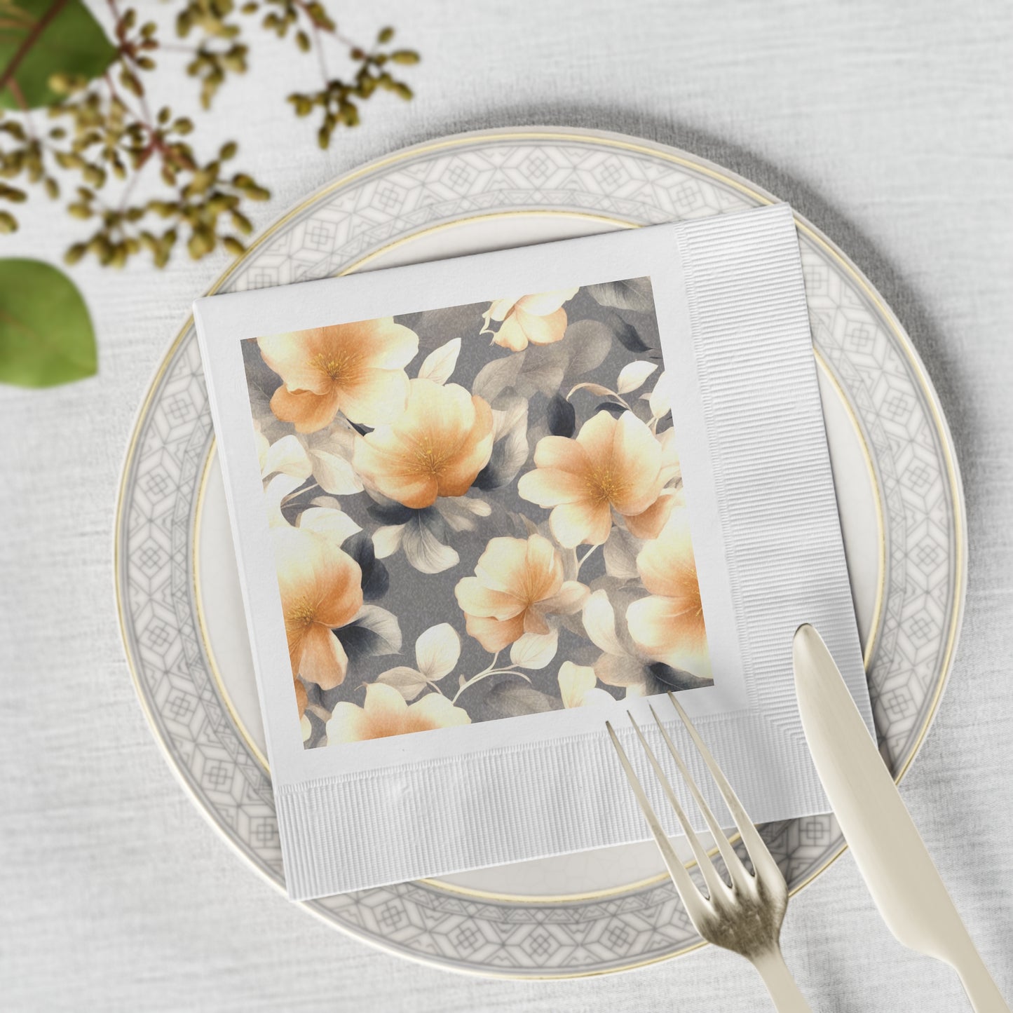 Soft Blossom Floral Bunch White Coined Napkins, 6.5" x 6.5"
