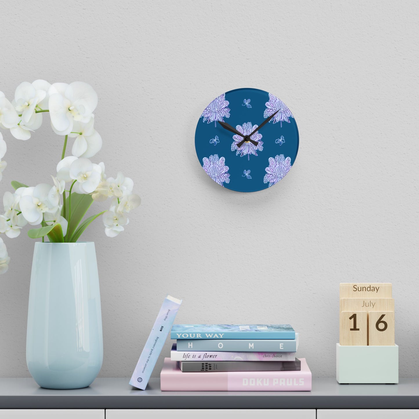 Lavender Floral Butterflies Acrylic Round Wall Clock, 8" x 8"