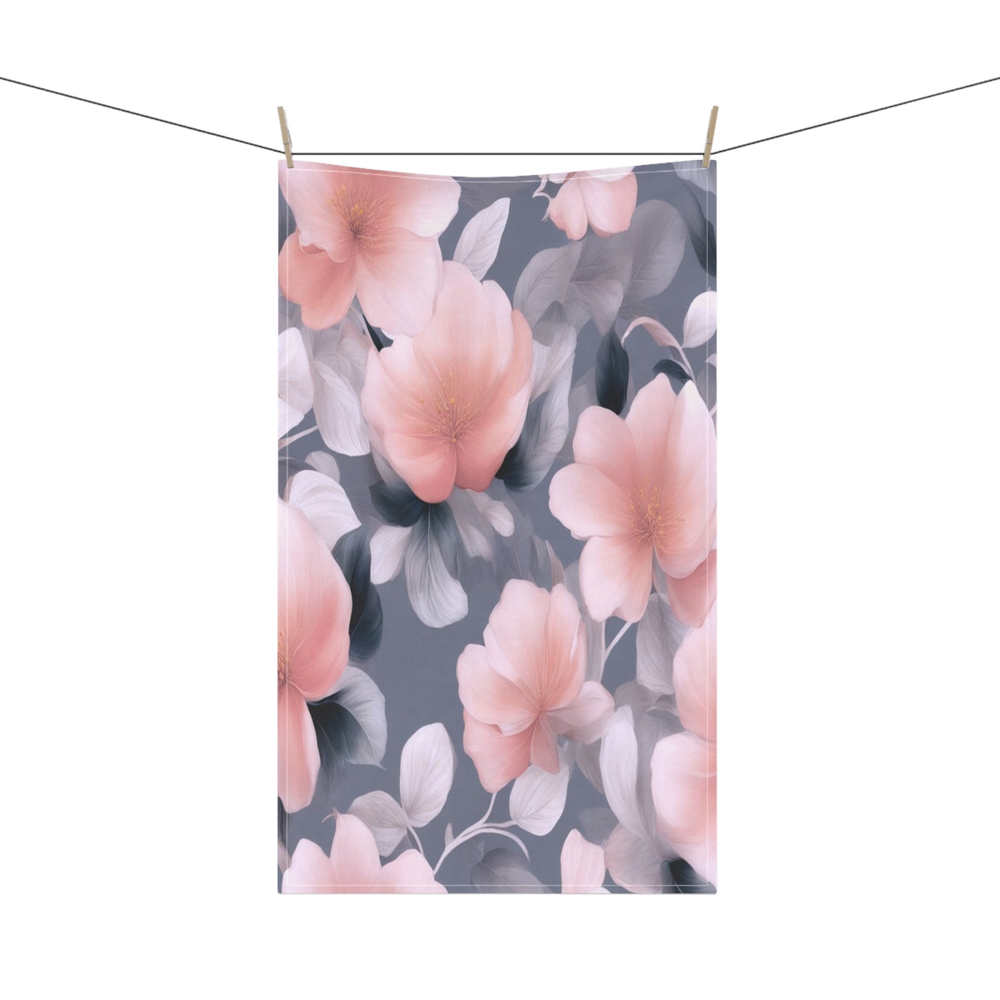Peach and Blue Gray Floral Bunch Tea Towels (cotton, poly), 18" x "30