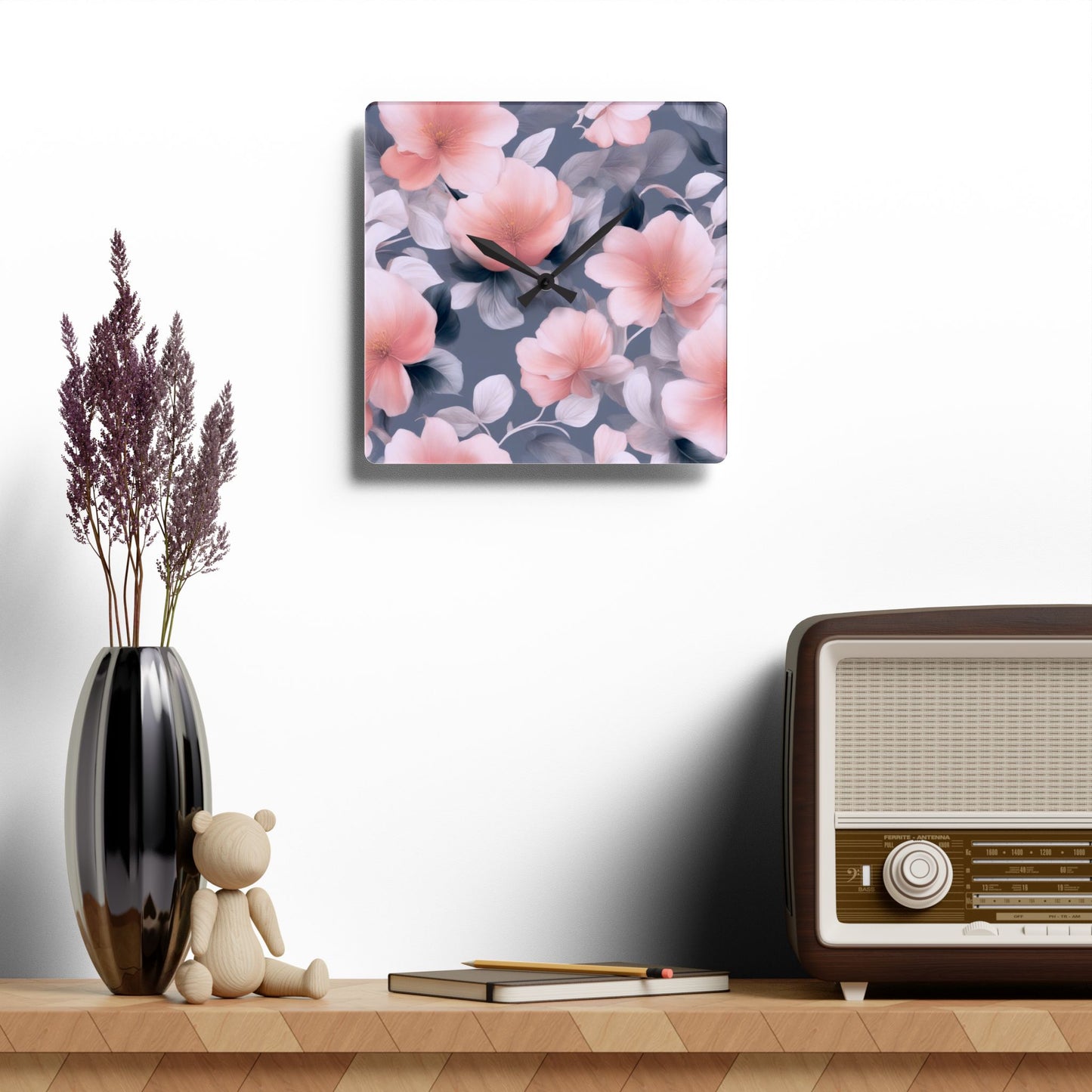Peach and Blue Gray Floral Bunch Acrylic Wall Clock, Round or Square, 10.75" x 10.75"