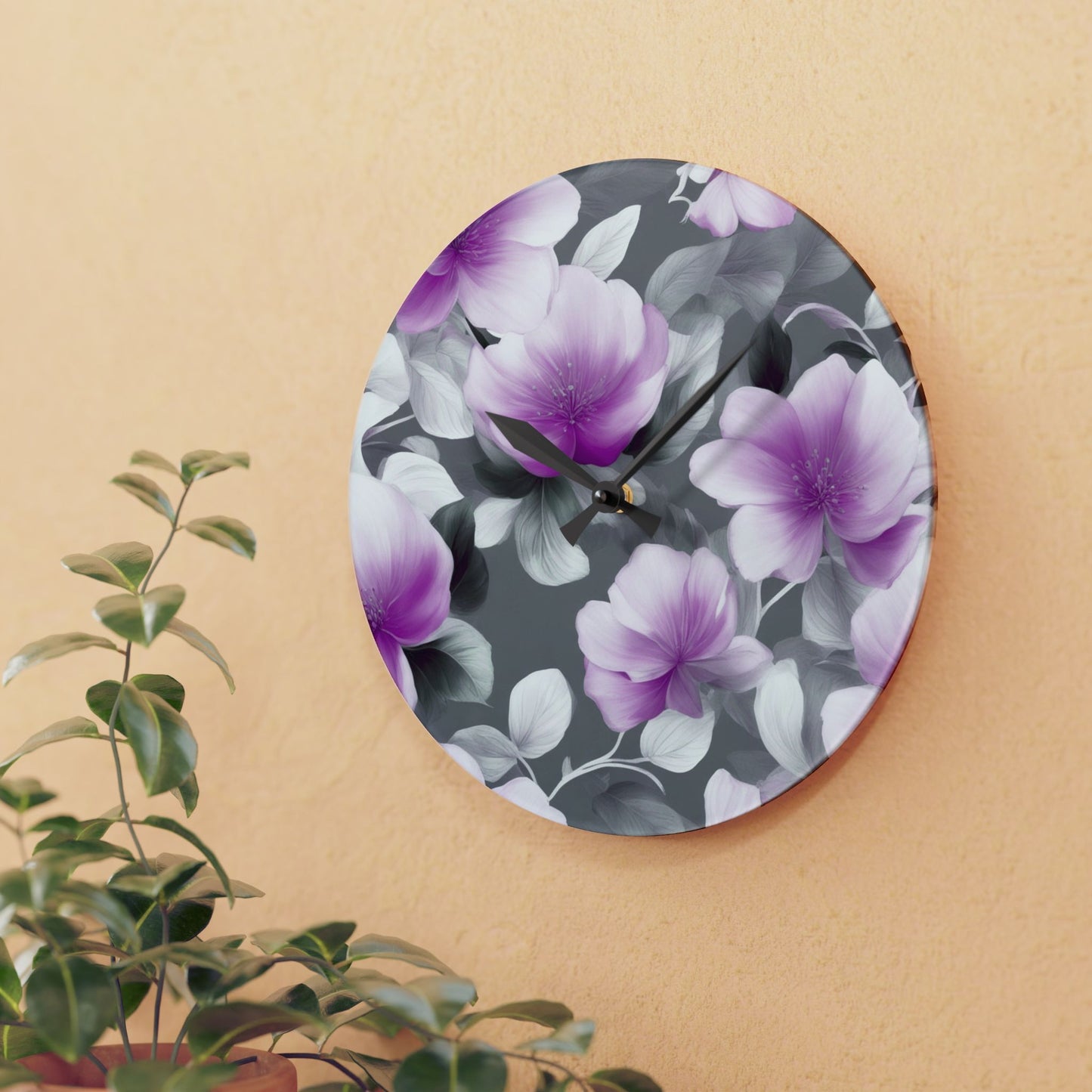 Purple Blossom Floral Bunch Acrylic Wall Clock, Round or Square, 10.75" x 10.75"