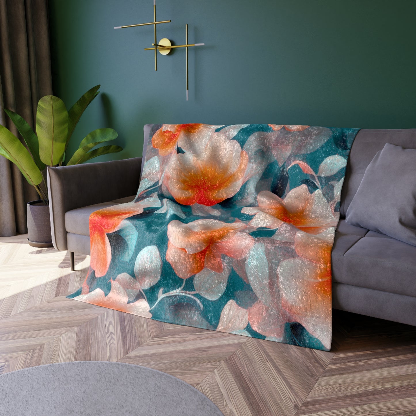 Orange Blossom Floral Bunch Crushed Velvet Blanket, 50" x 60"