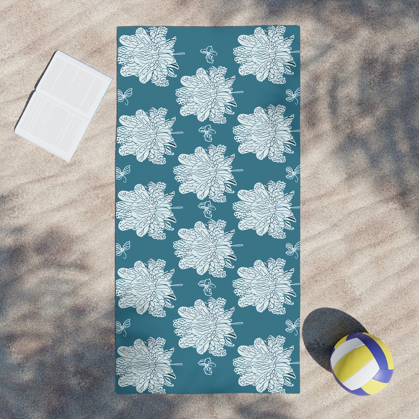 Tif Green White Floral Butterflies Beach Towel, 30" x 60"