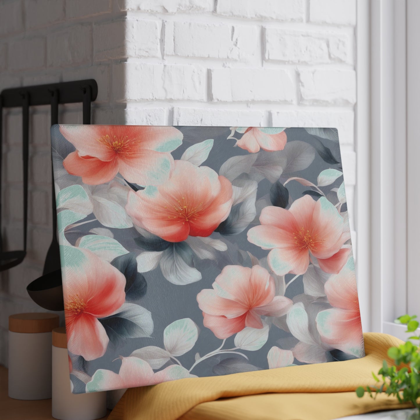 Red Blossom Floral Bunch Glass Cutting Board, 11" x 15"