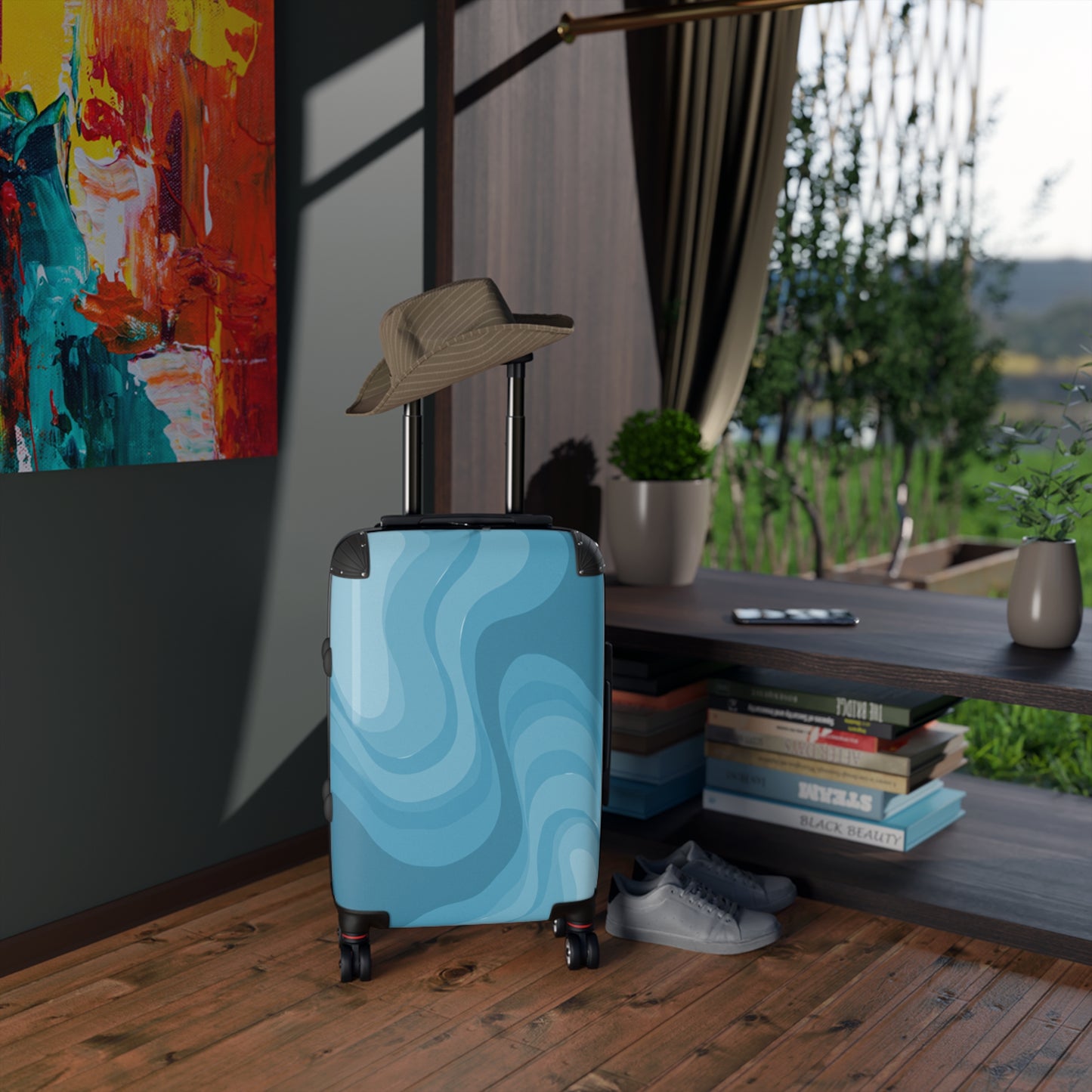 Sky Blue Wavey Small Suitcase with built in lock, 4 double-wheels, telescopic handle, and ABS back hard-shell