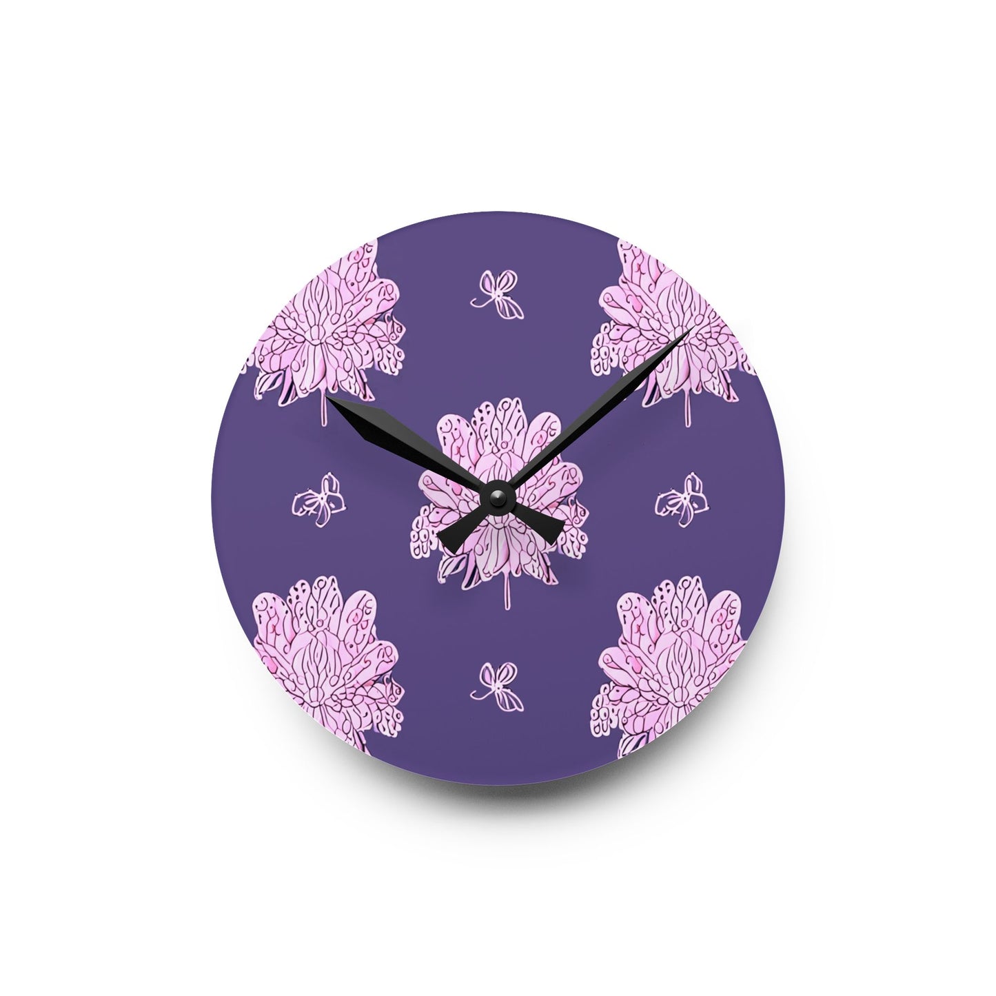 Magenta Floral Butterflies Acrylic Round Wall Clock, 8" x 8"