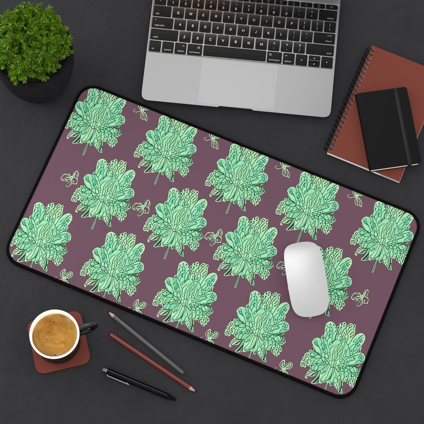 Mint Green Floral Butterflies 12" x 22" Desk Mat