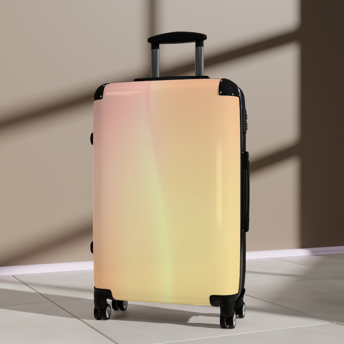Hot Peach Fade Medium Suitcase with built in lock, 4 double-wheels, telescopic handle, and ABS back hard-shell