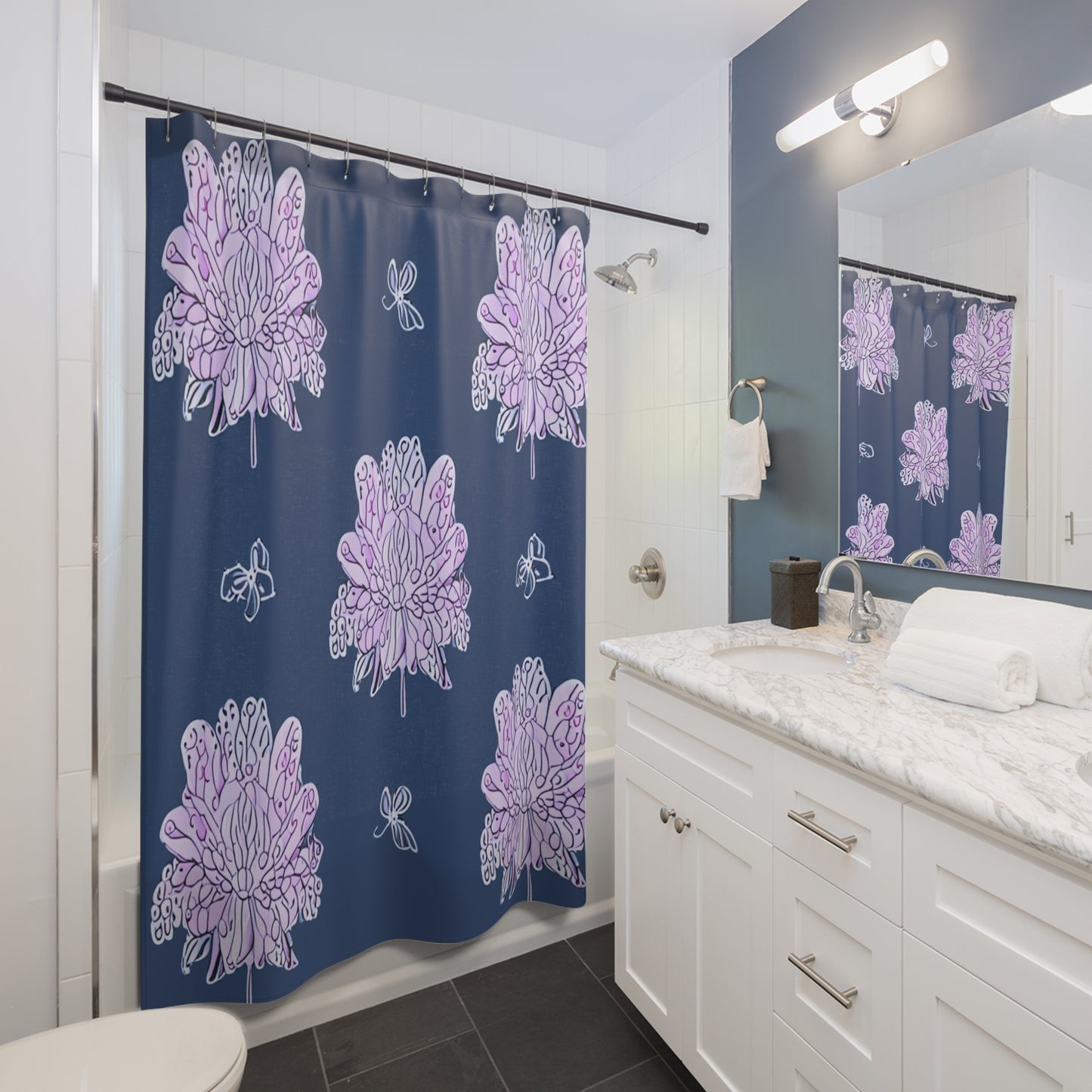 Purple White Floral Butterflies Shower Curtain, 71" x 74"
