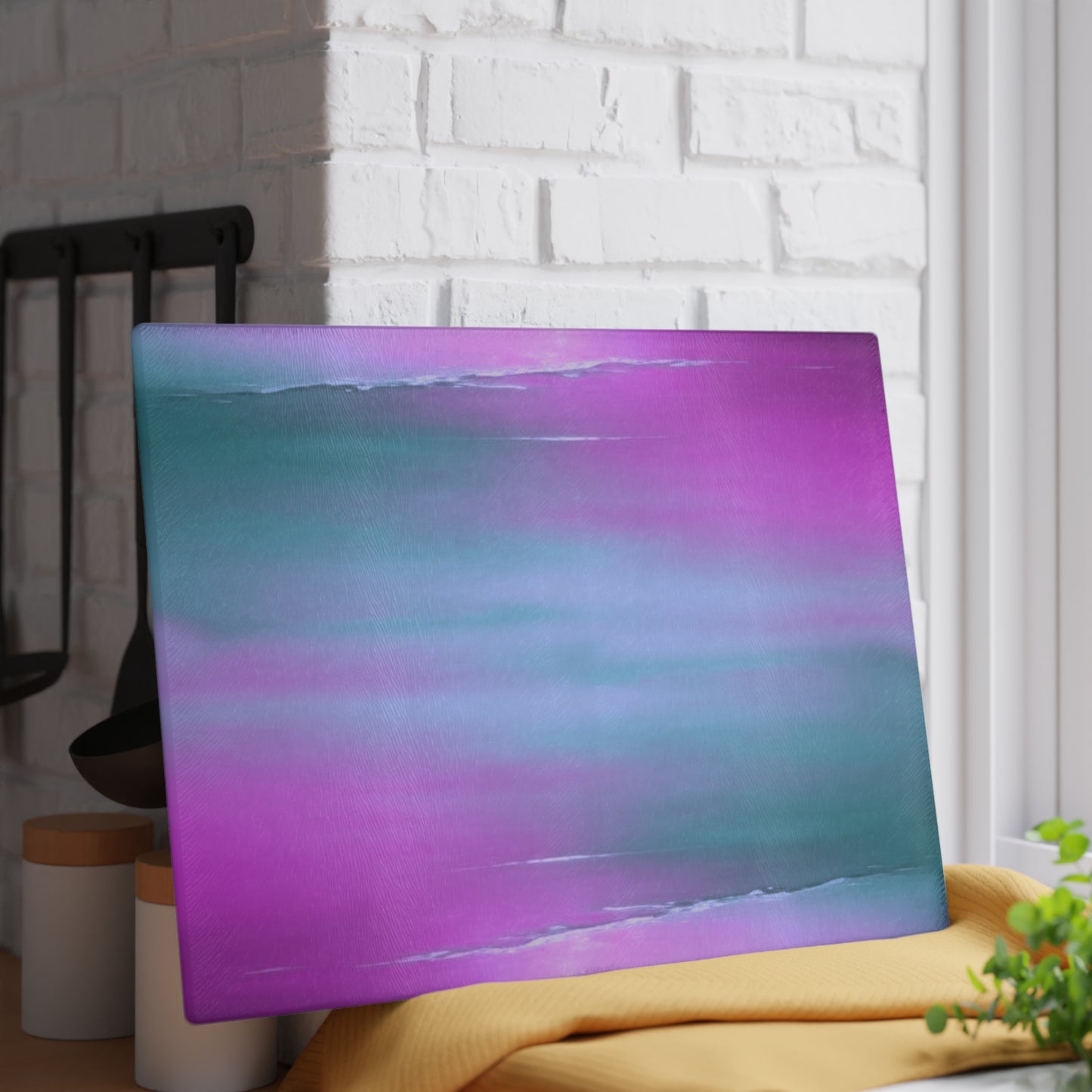 Dark Blue Green Sea Purple Fog 11" x 15" Glass Cutting Board