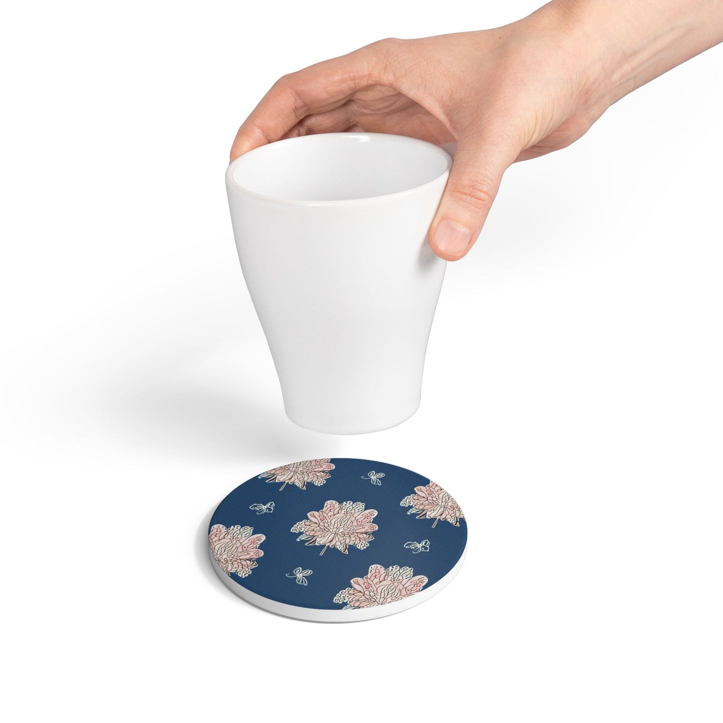 Rose White Floral Butterflies 4" x 4" Round Ceramic Coaster