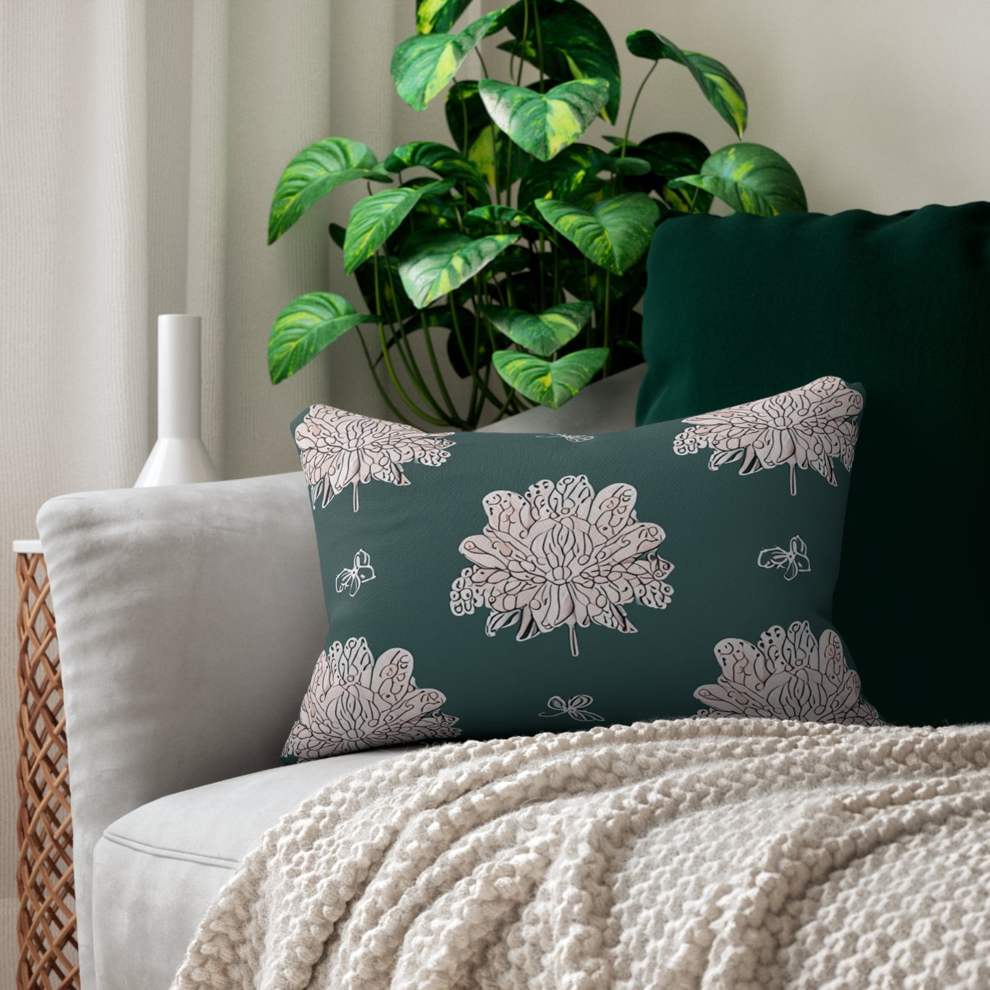 Soft White Floral Butterflies Spun Polyester Lumbar Pillow, 20" x 14"