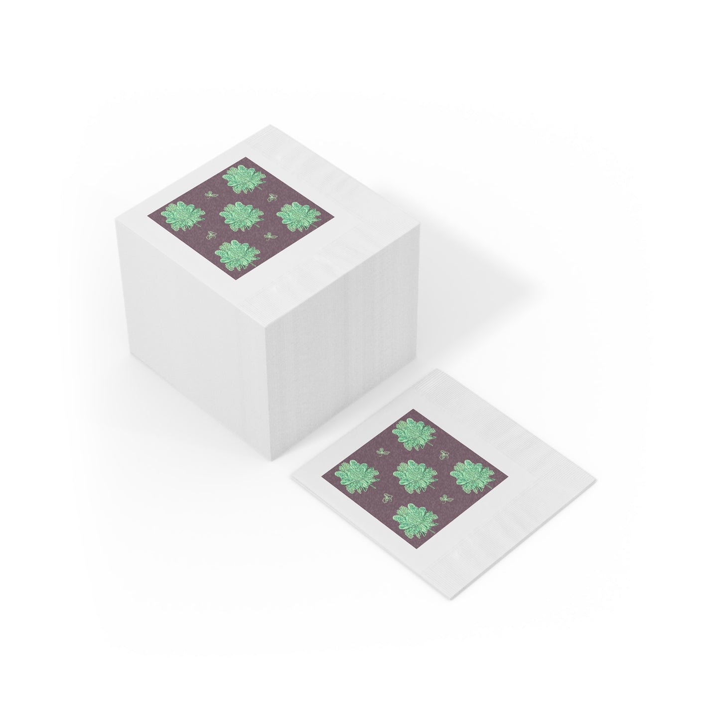 Mint Green Floral Butterflies White Coined Napkins, 4.8" x 4.8"